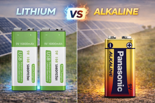 9V lithium battery compared with 9V alkaline battery showing higher energy density and longer lifespan