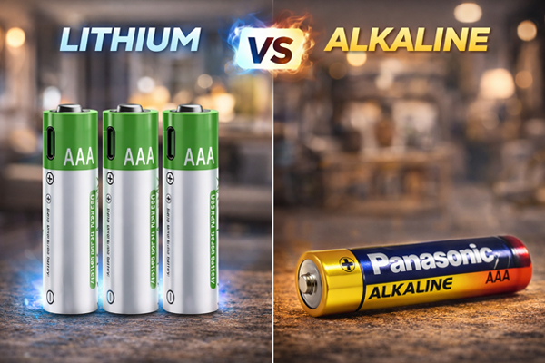 Lithium AAA batteries compared with alkaline AAA batteries showing longer life and stable voltage