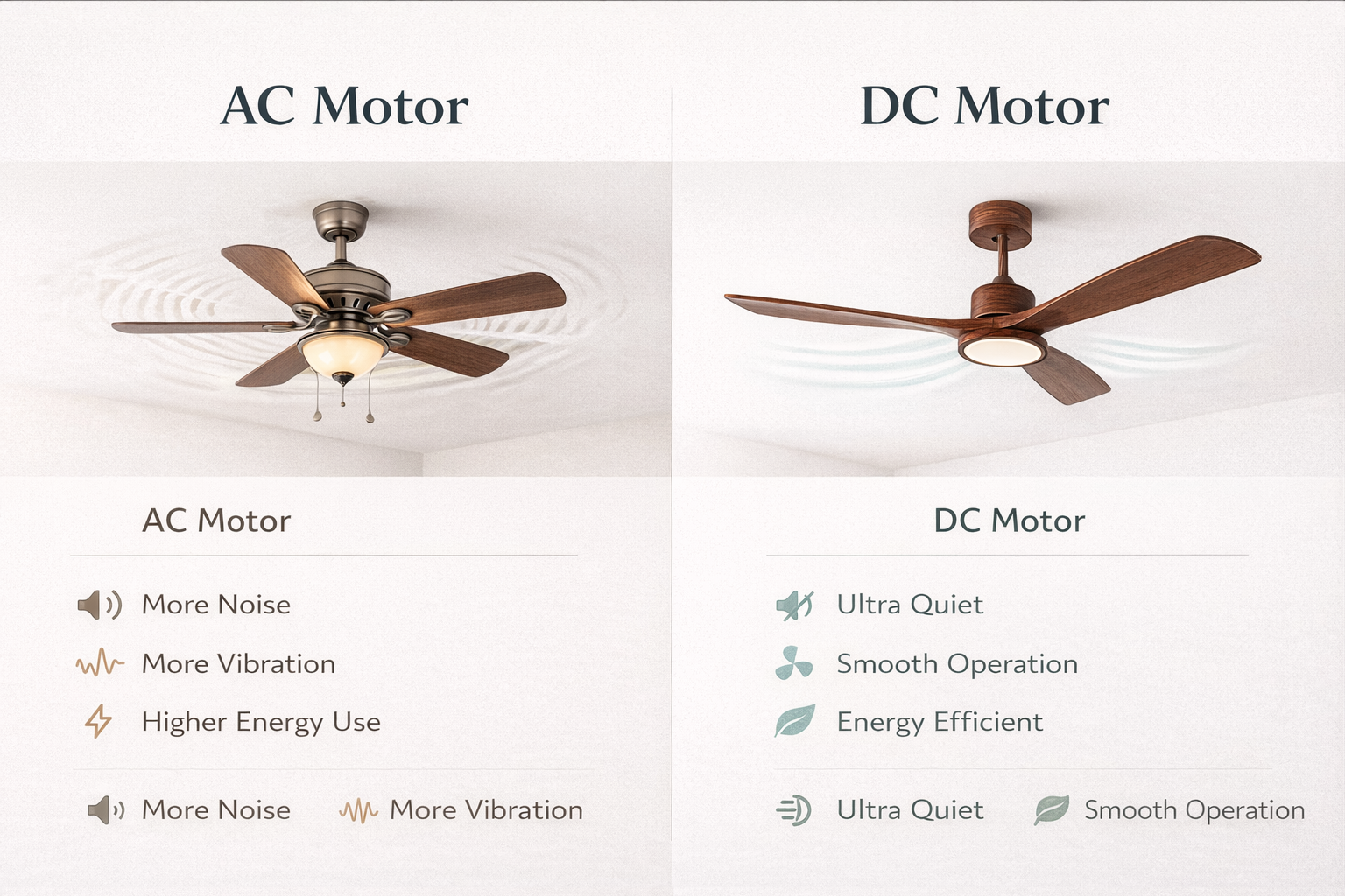 DC vs AC ceiling fan comparison quiet motor vs noisy fan energy efficiency