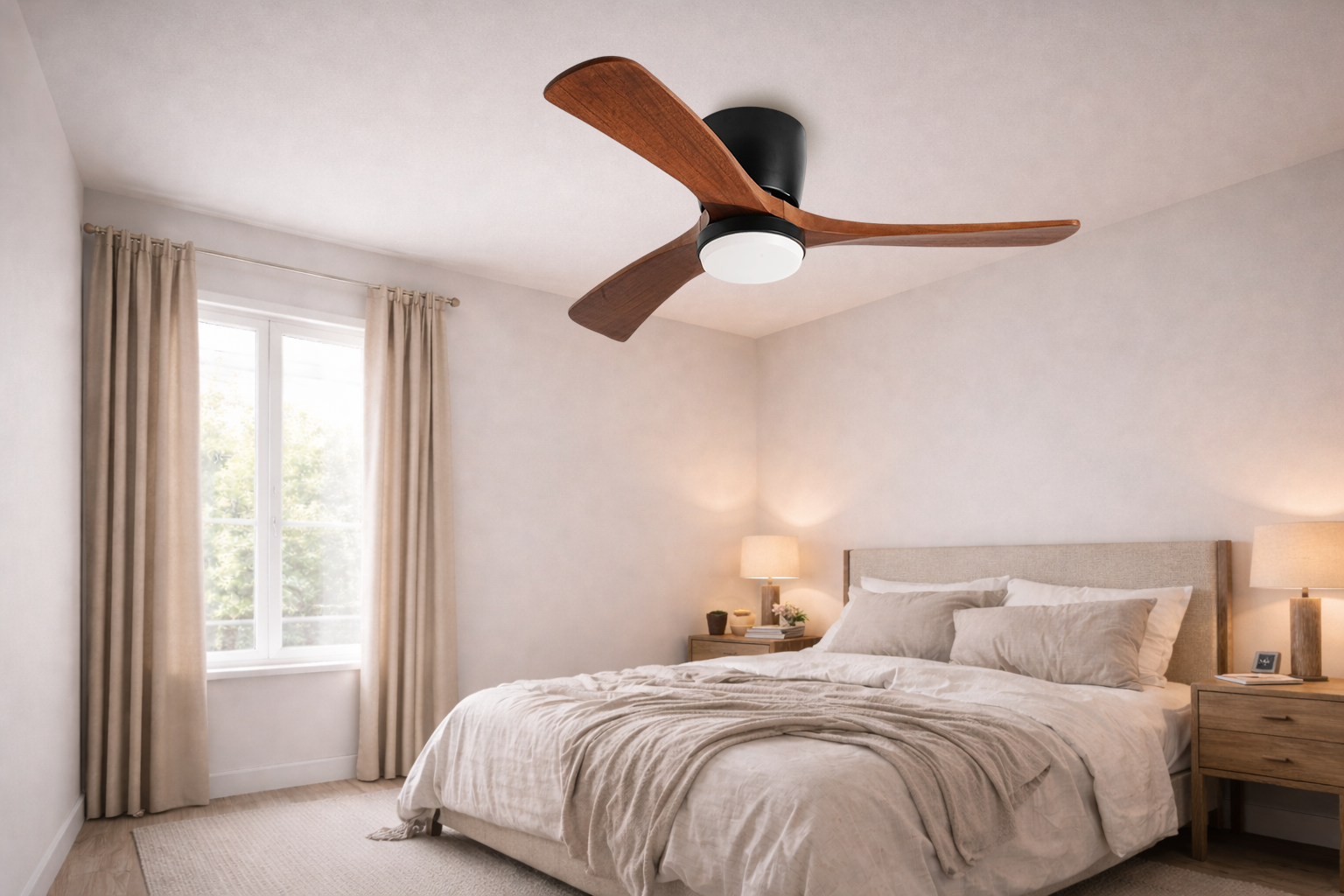 quiet ceiling fan in bedroom modern lived-in interior low noise sleeping environment