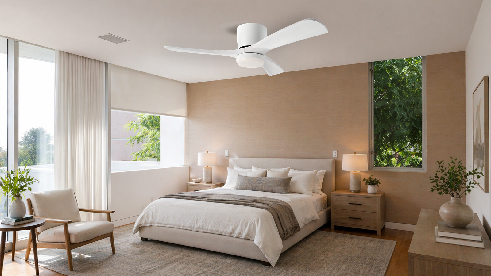 ceiling fan with light in modern bedroom warm lighting