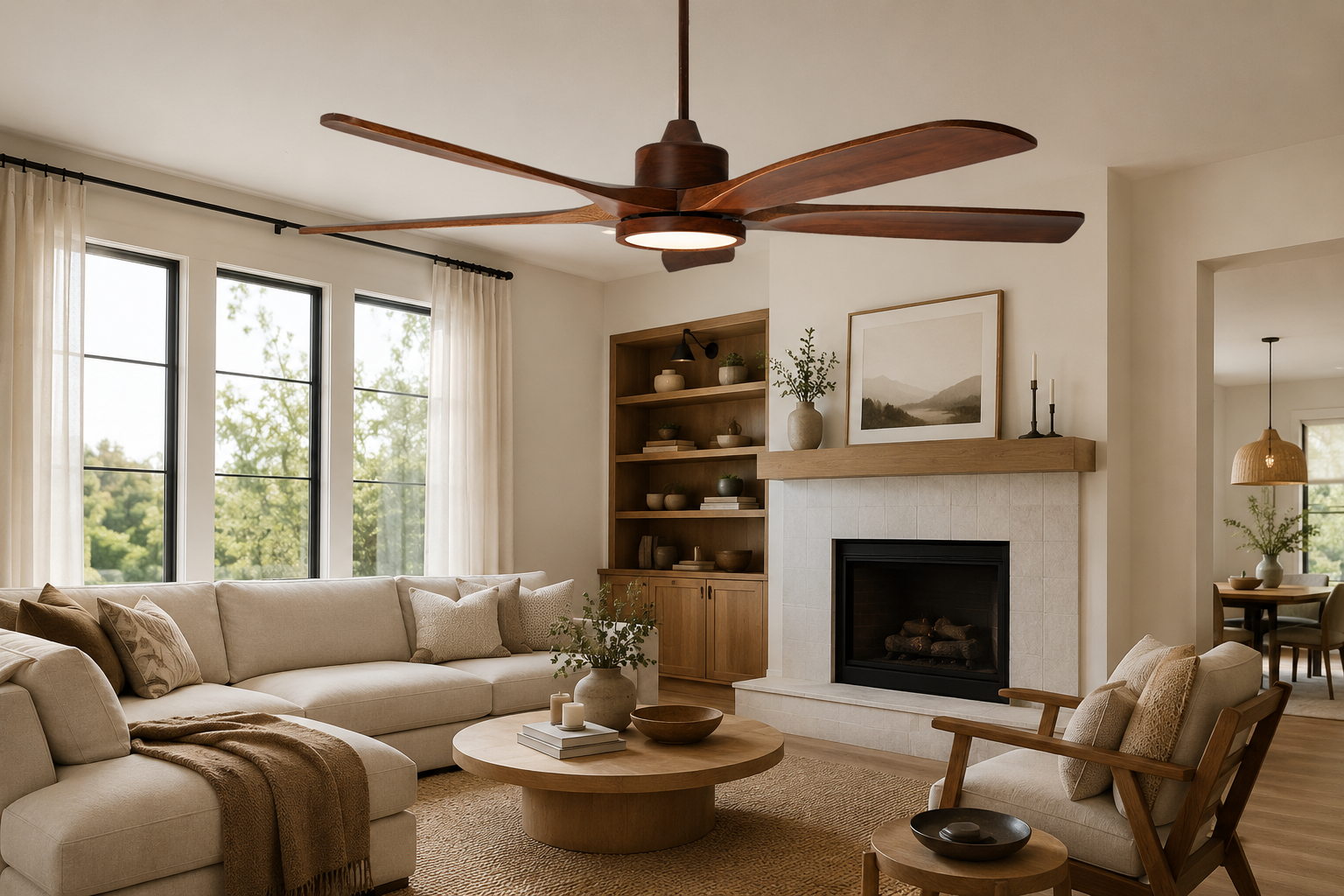 modern living room ceiling fan with light and wood blades