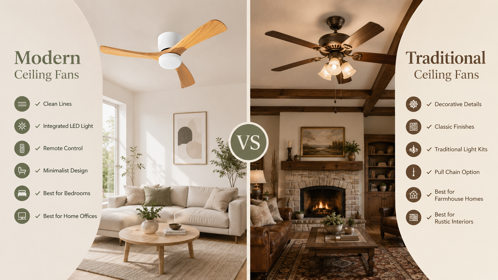Comparison of modern and traditional ceiling fan features design and control options
