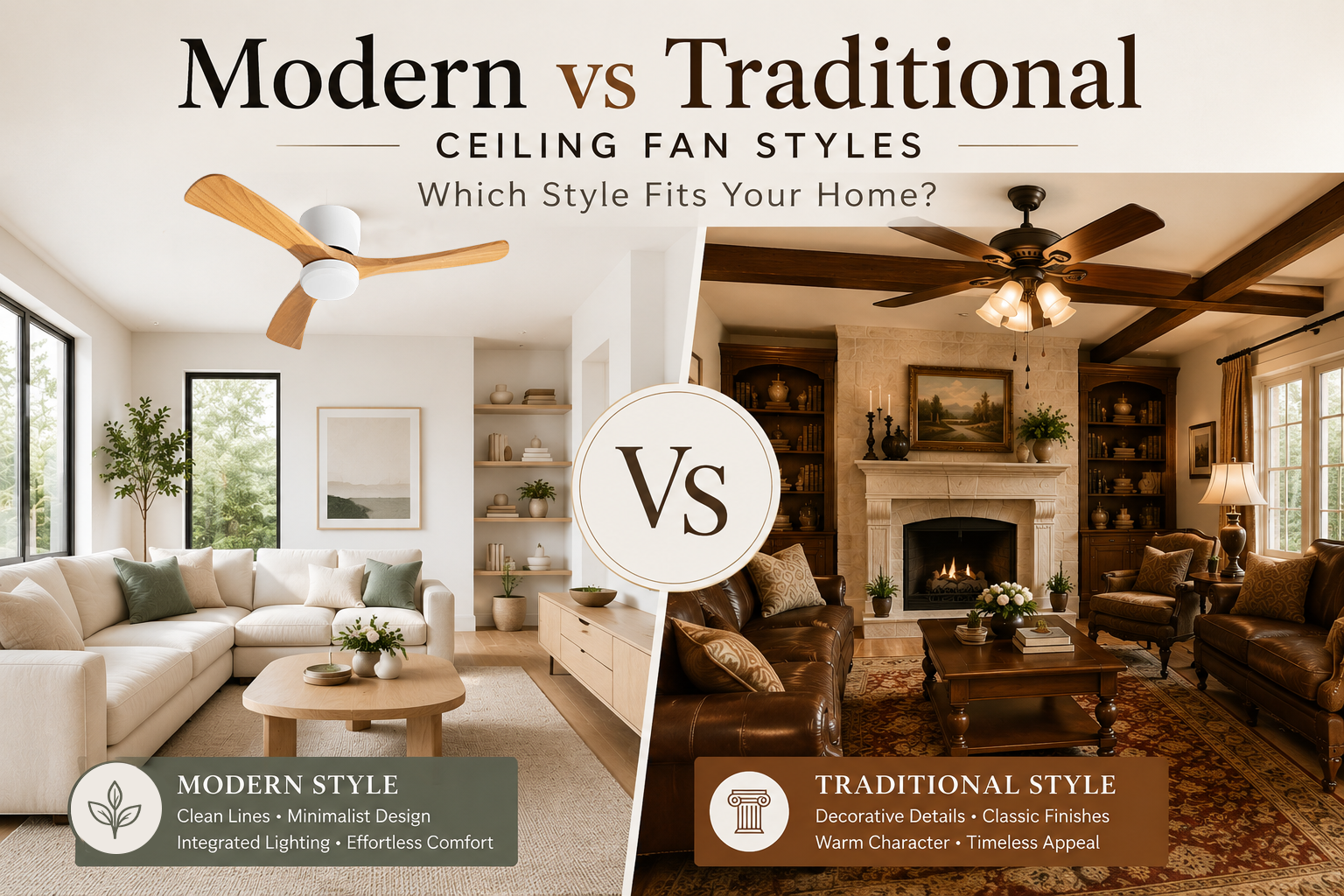 Modern vs traditional ceiling fan styles compared in contemporary and classic home interiors