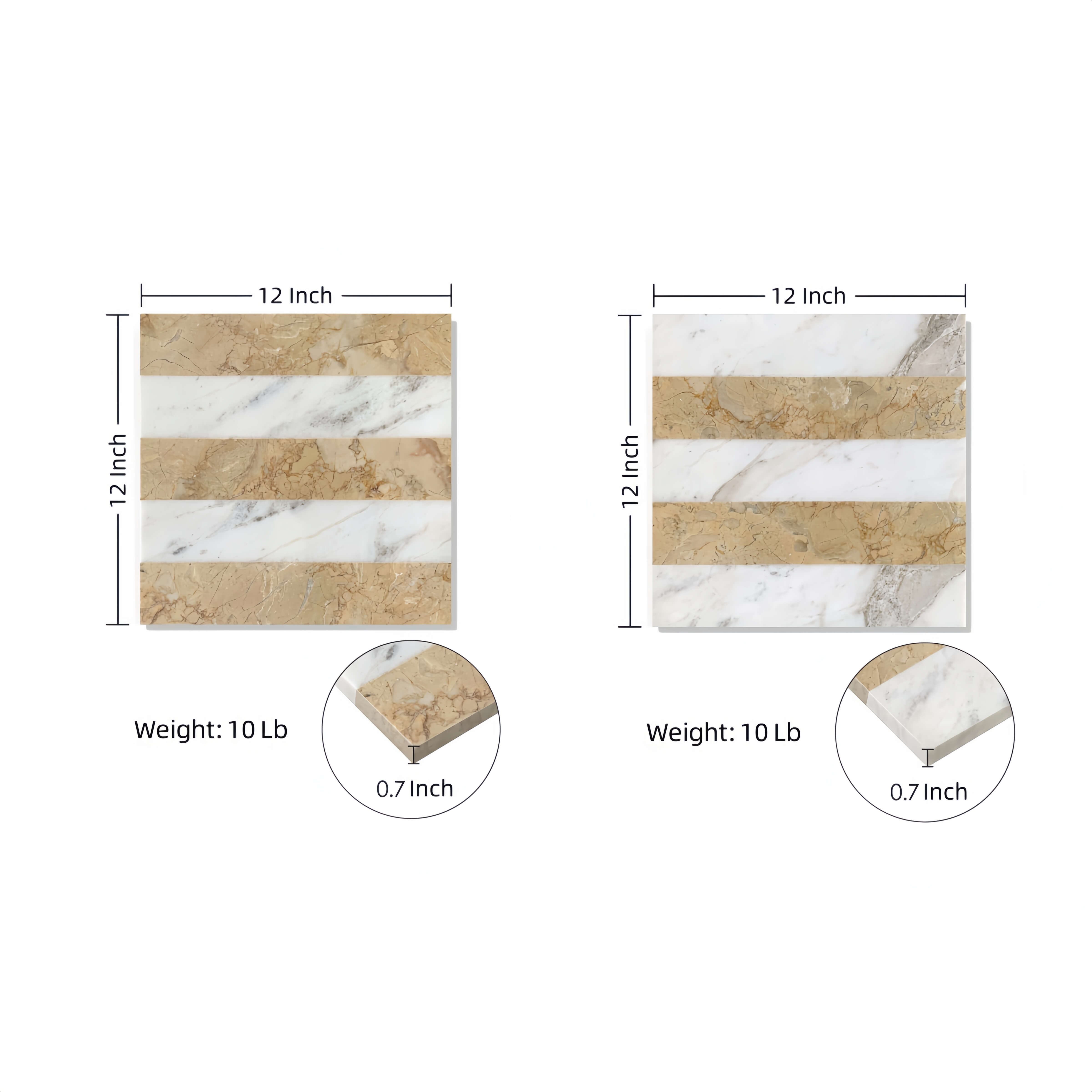 Dimension diagram of 12x12 inch Snow Mountain White and Hyatt Gold marble tiles. Illustration shows exact measurements of 12 inches width and height, 0.7 inch thickness, and a weight of 10 lbs per tile. Detail zoom highlights the polished edge and 18mm thickness.