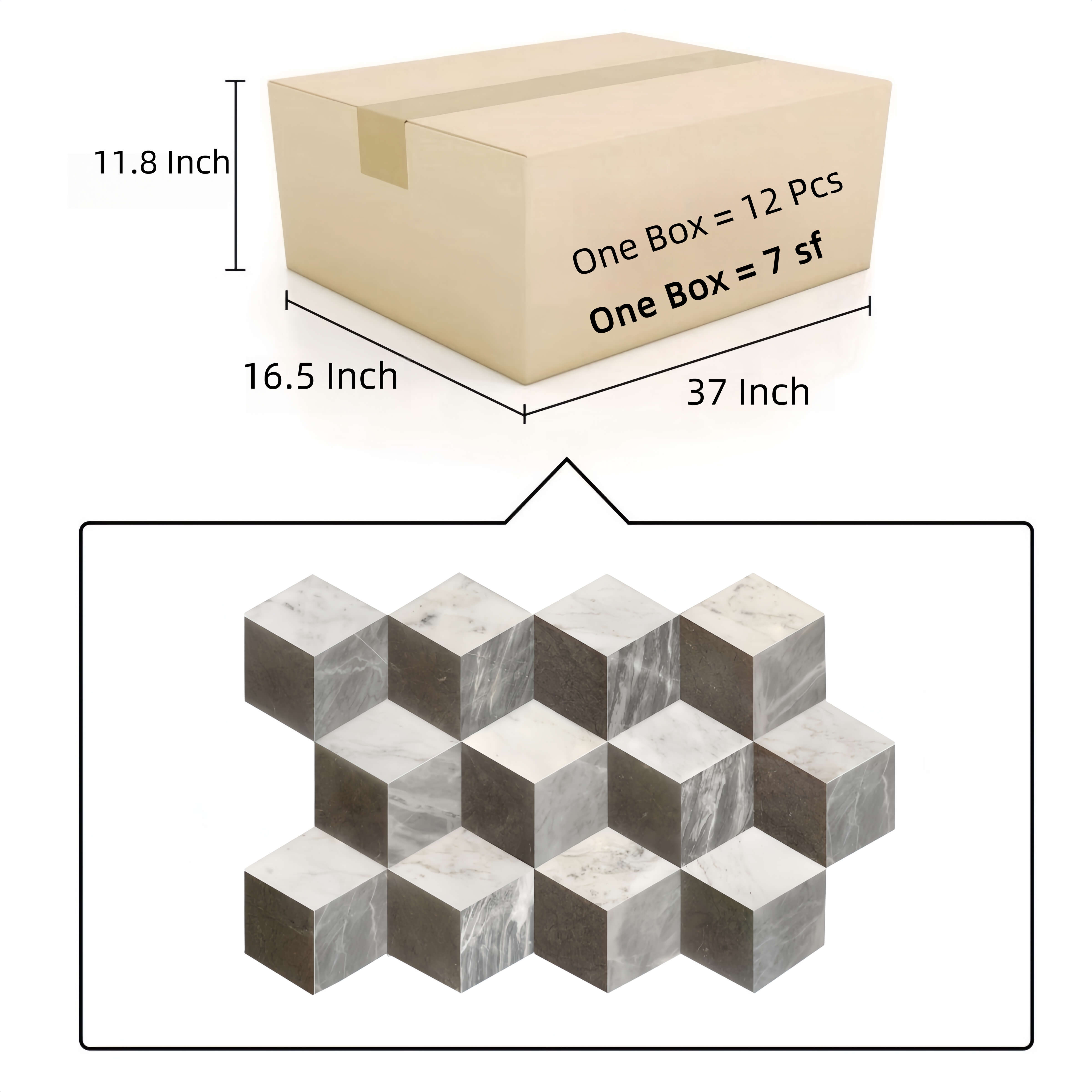 Shipping box details for hexagon marble tiles: One box contains 12 pieces covering 7 square feet, available from USA warehouse stock.