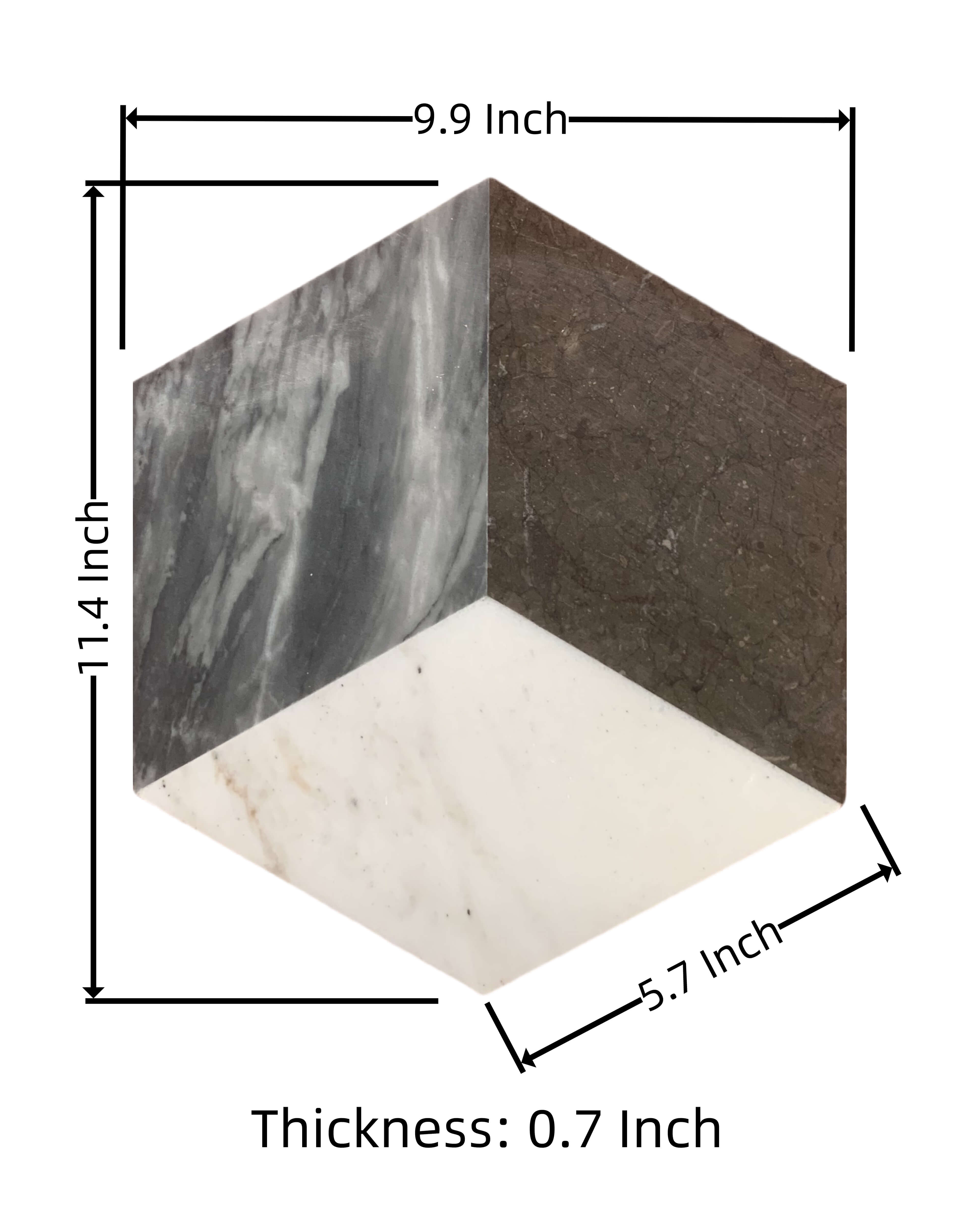 Dimensions specification of the hexagon marble tile: 11.4 inches by 9.9 inches with a premium 0.7-inch (18mm) thickness for superior durability.