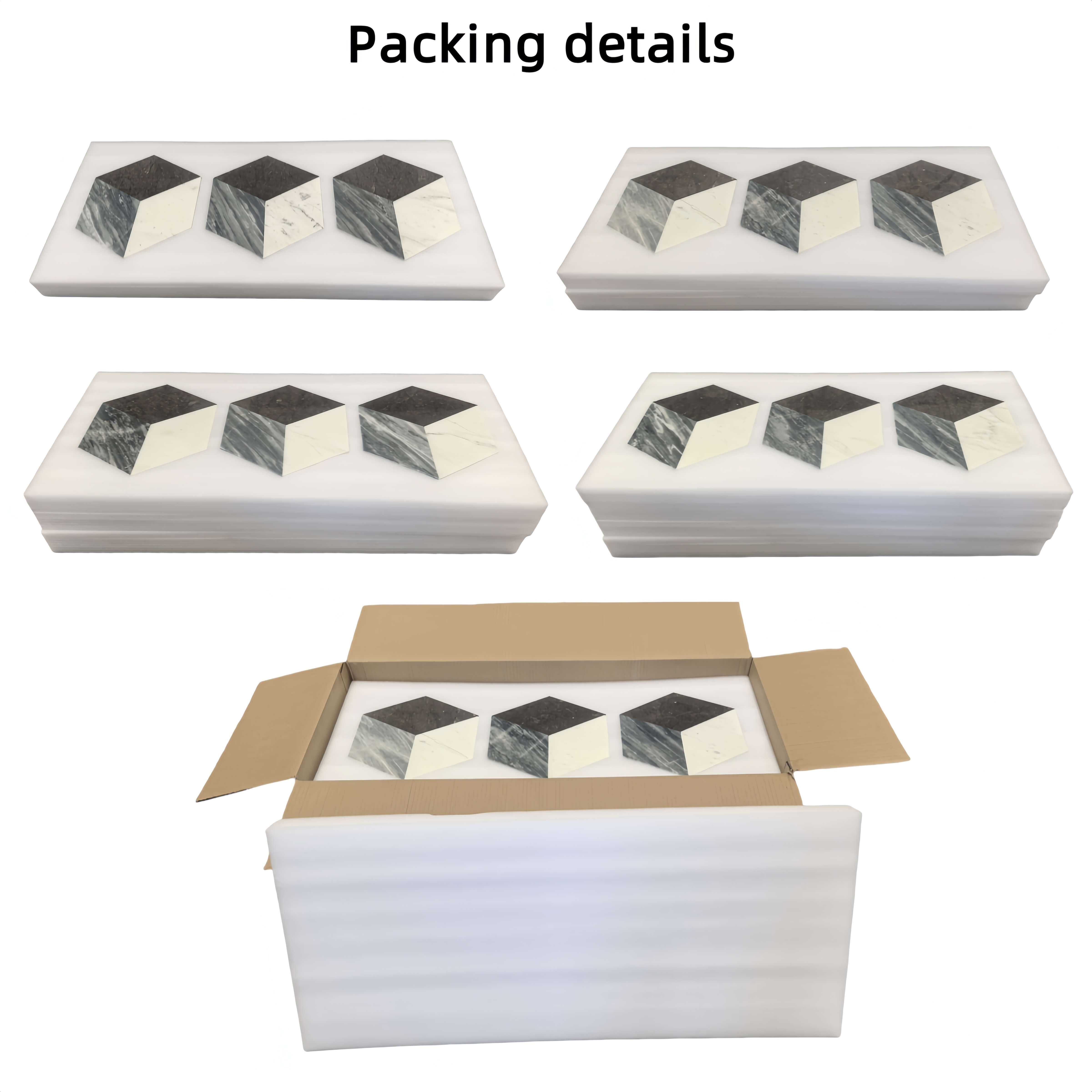 Professional safety packaging details showing thick foam layers protecting each natural marble hexagon tile to ensure damage-free delivery.