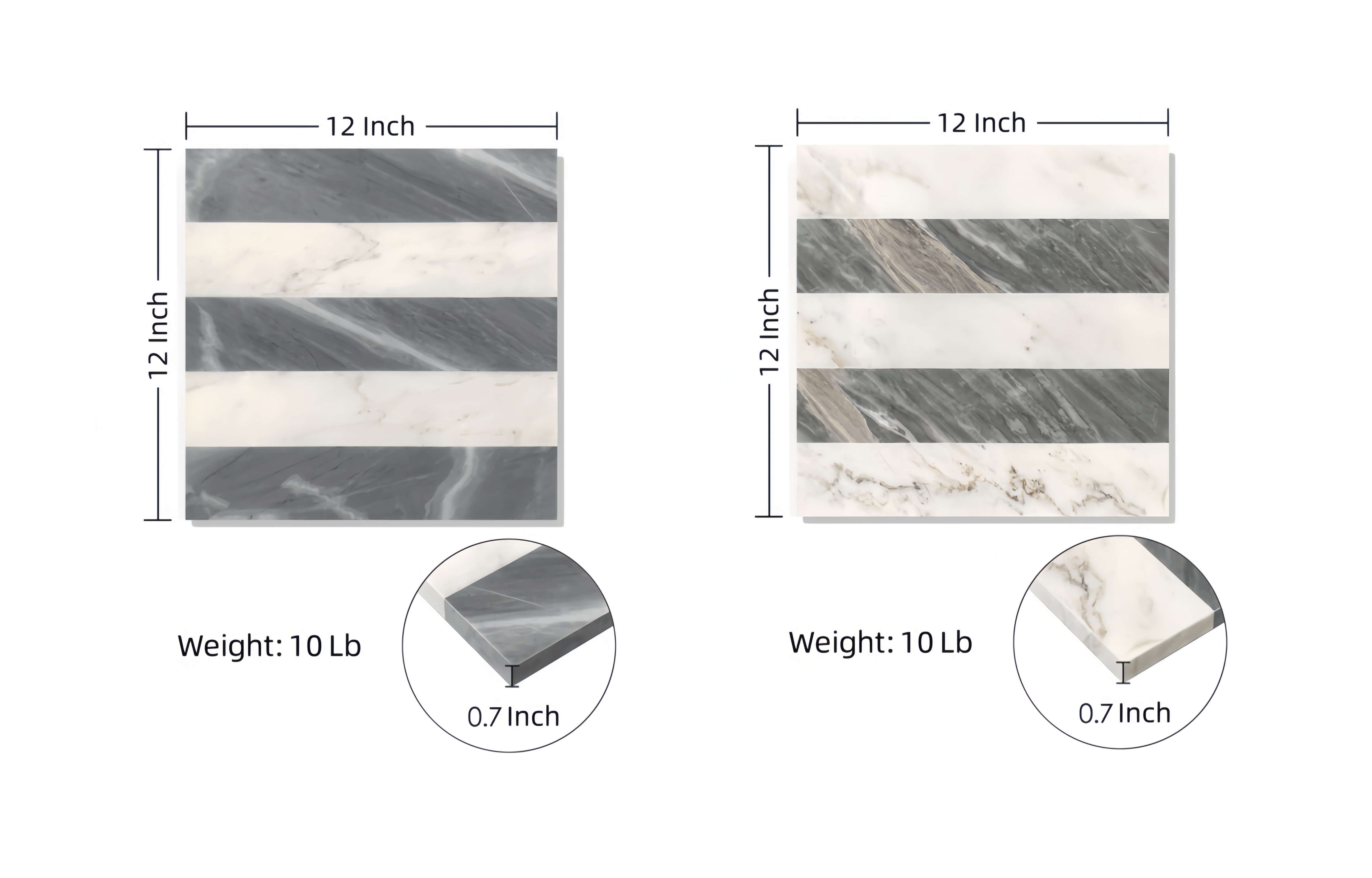 Dimension specifications of 12x12 inch natural marble tiles showing 0.7 inch thickness and precision waterjet cut edges.