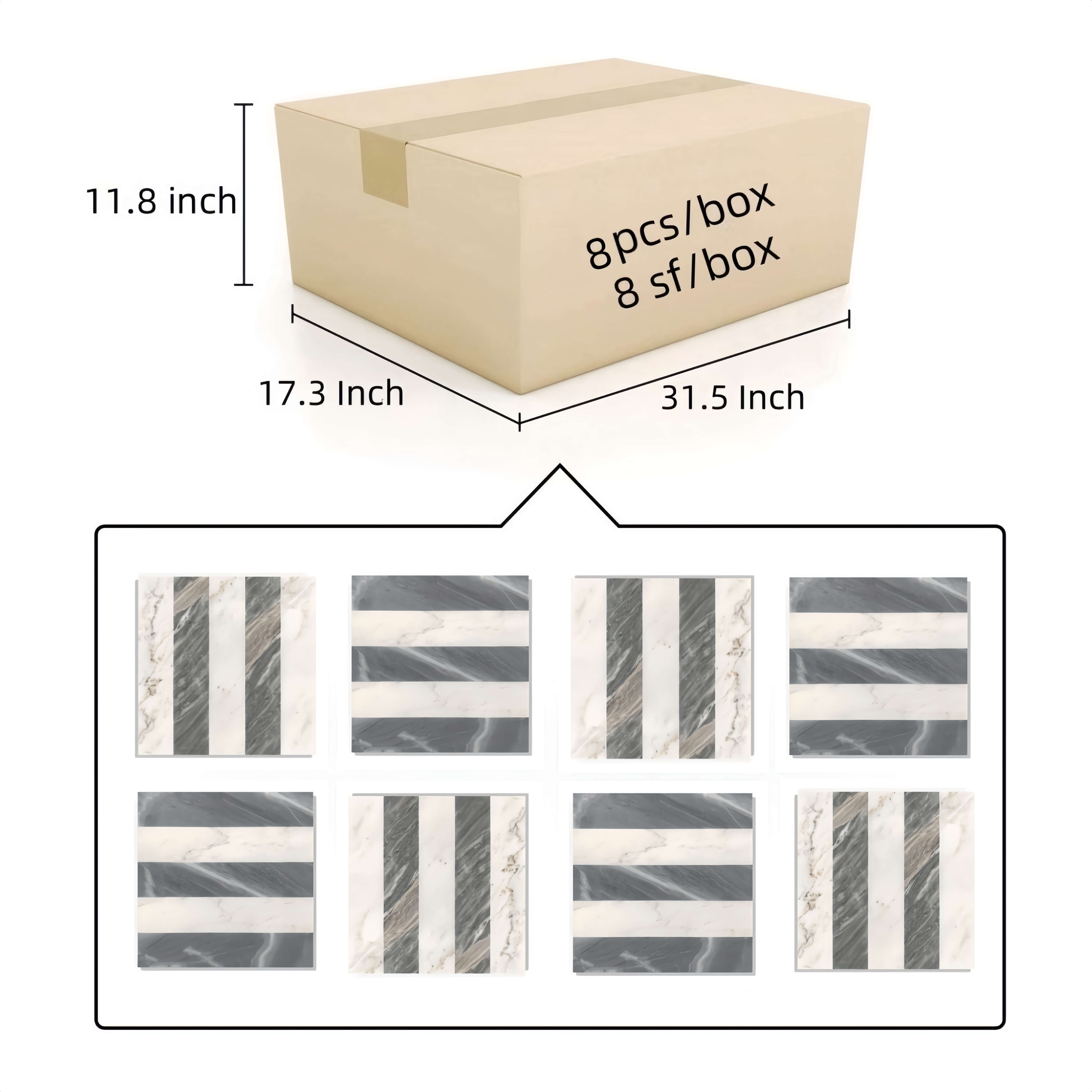 Sturdy cardboard packaging containing 8 pieces of polished marble tiles, covering 8 sq ft per box, ready for shipping from USA warehouse.