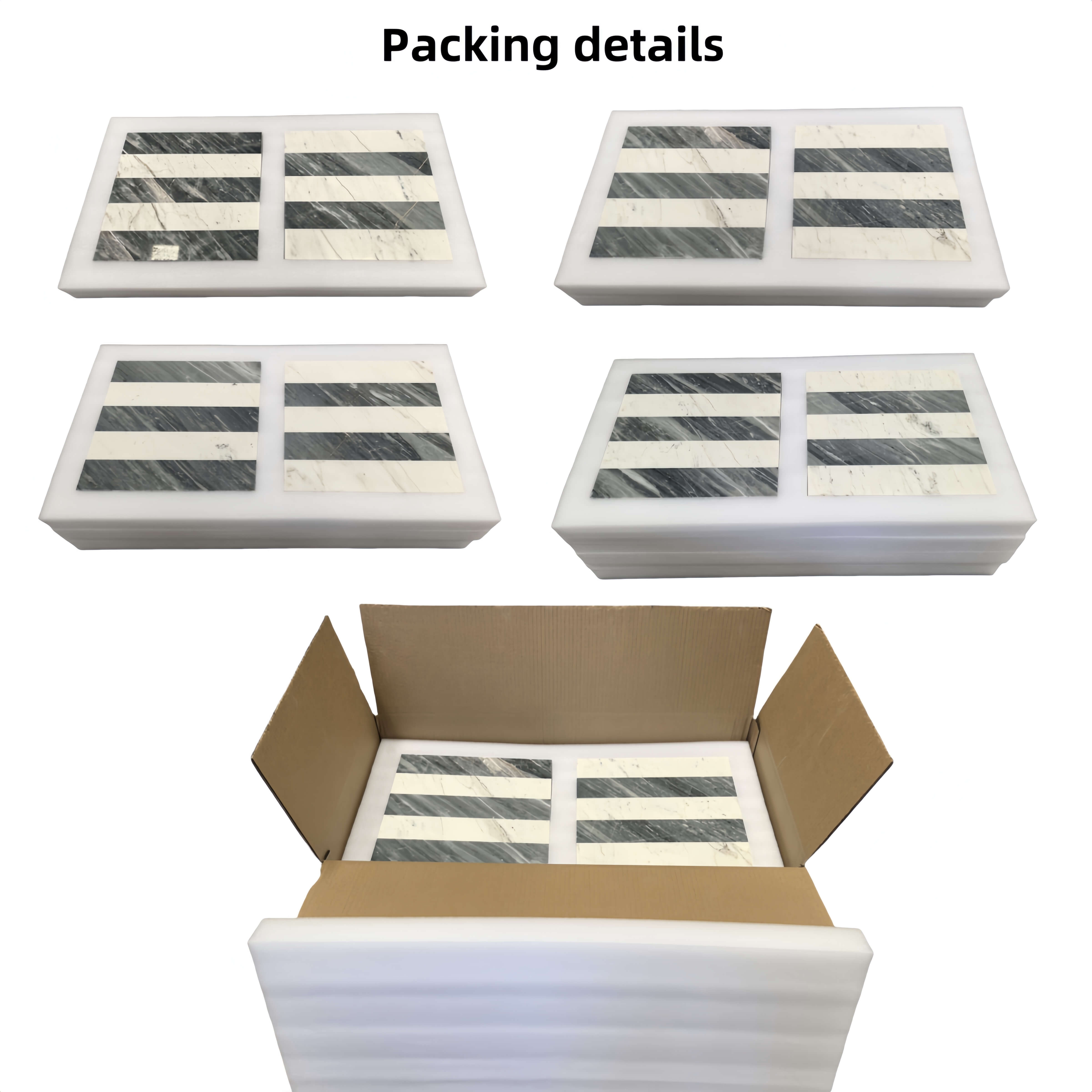 Interior packing details showing custom-fitted foam inserts ensuring damage-free delivery of 100% natural marble tiles.