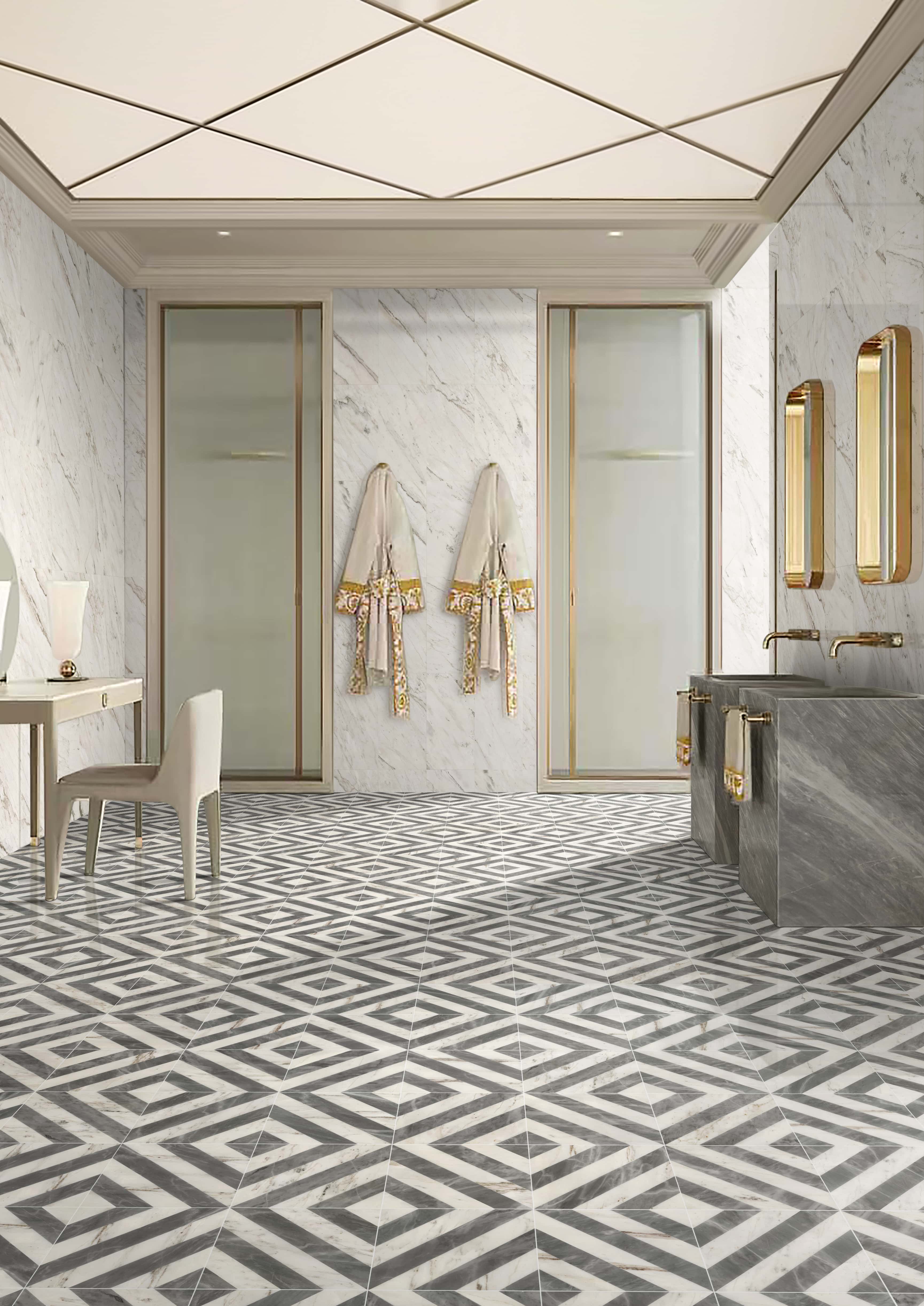 Elegant bathroom design showcasing 12x12 dual-color waterjet marble flooring combined with 12x24 Snow Mountain White polished marble wall tiles.