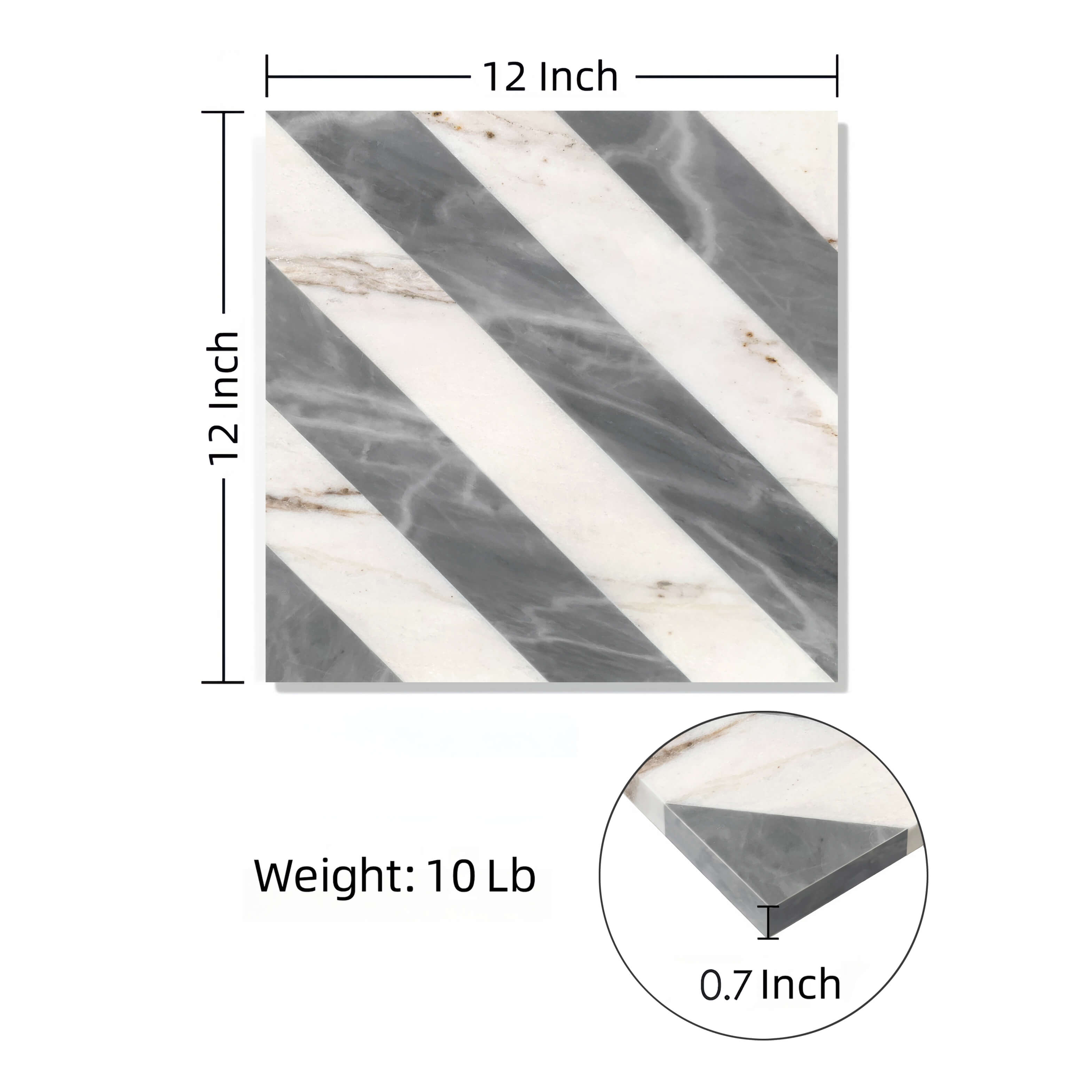 Dimensions and specifications of the 12x12 inch natural marble tile, featuring a 0.7-inch thickness and 10 lb weight per piece.