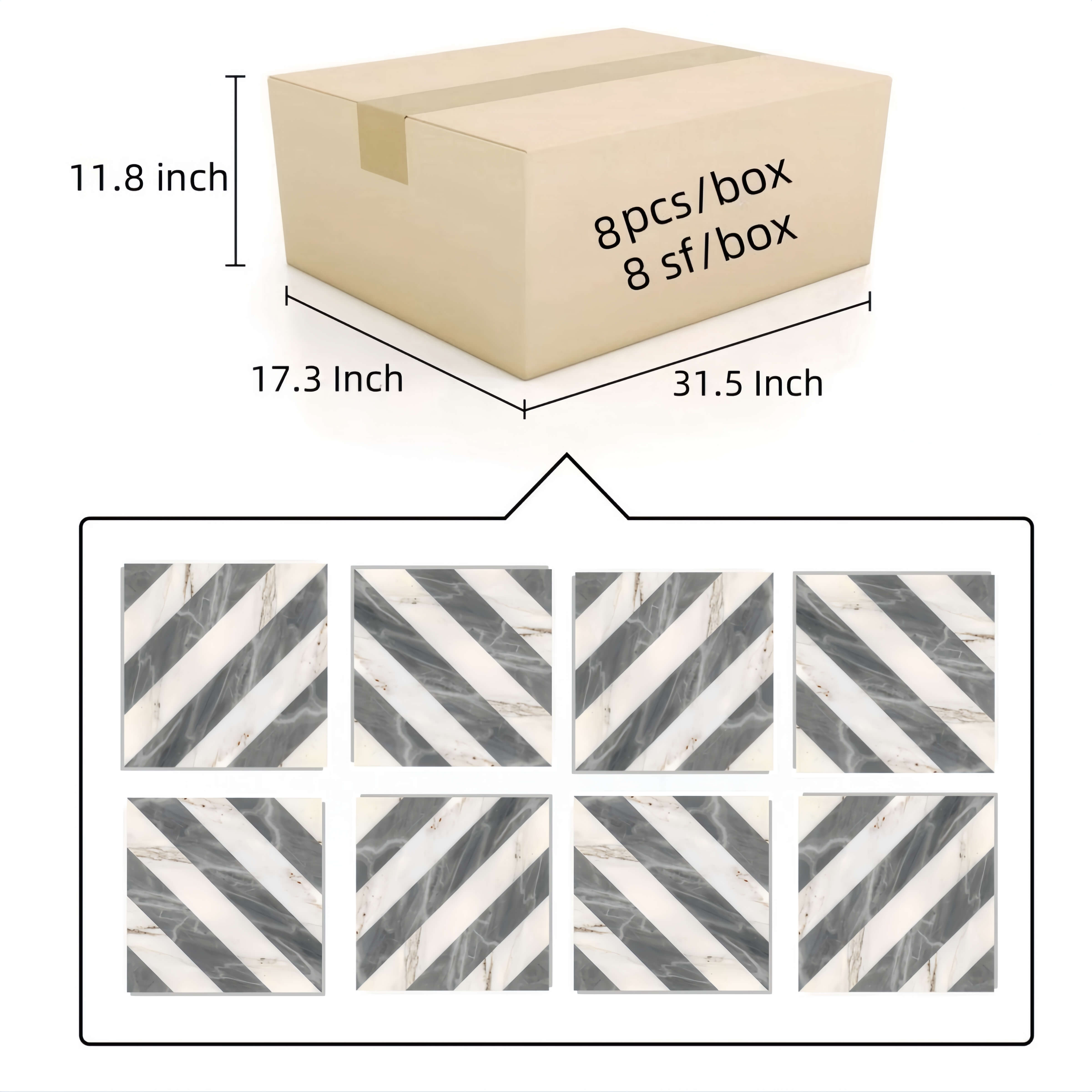 Box contents of the premium natural marble tile, containing 8 pieces and covering 8 square feet per box.