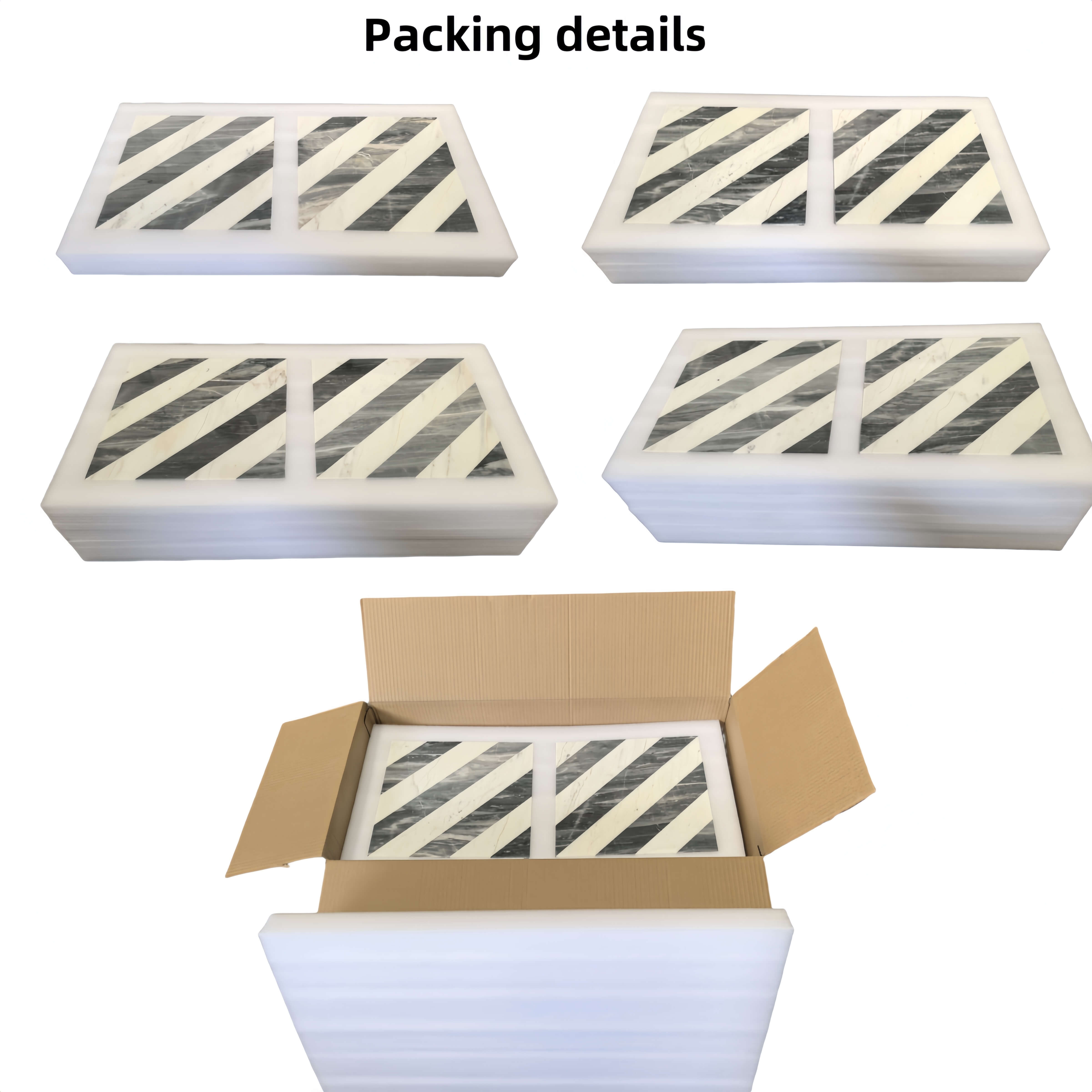 Safe and secure anti-damage foam packaging for the luxury Snow Mountain White and Carrara Gray marble tiles.