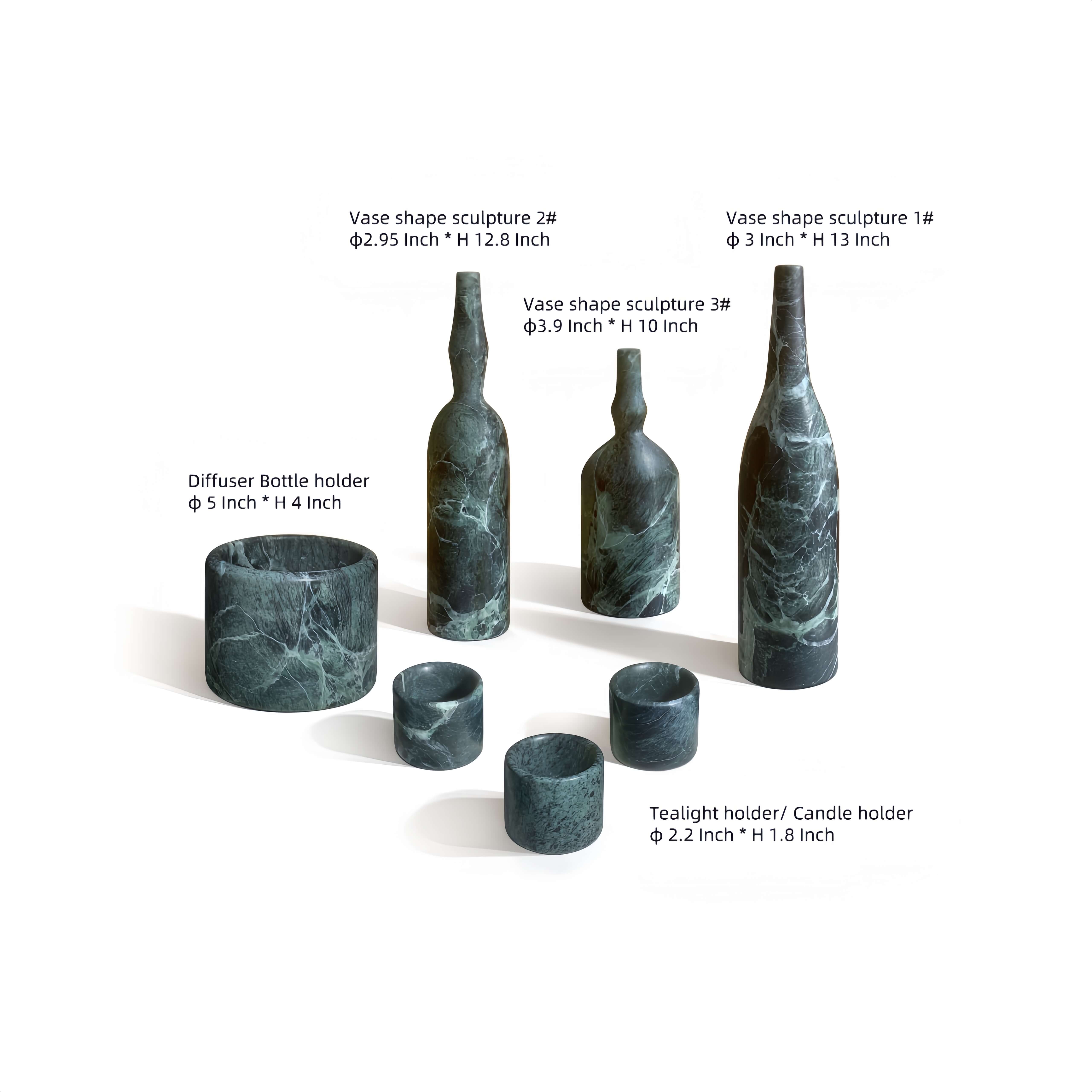 Detailed dimensions guide for the 7-piece Diamond Green marble decor set, showing sizes for the sculptural vases, diffuser holder, and tealight candle holders.