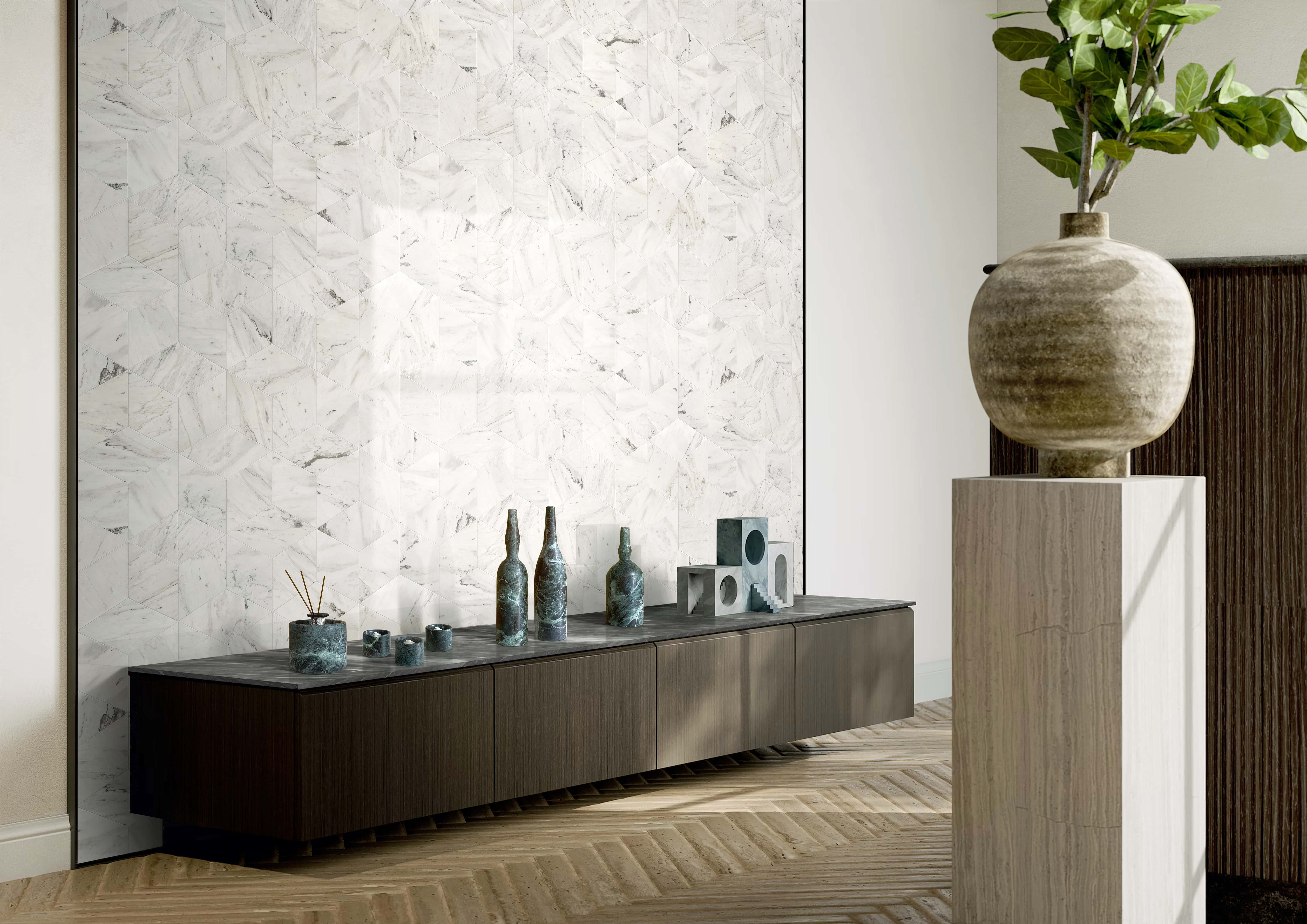The 7-piece Diamond Green natural marble decor set elegantly displayed on a modern console table against a stunning white marble hexagon tile wall.