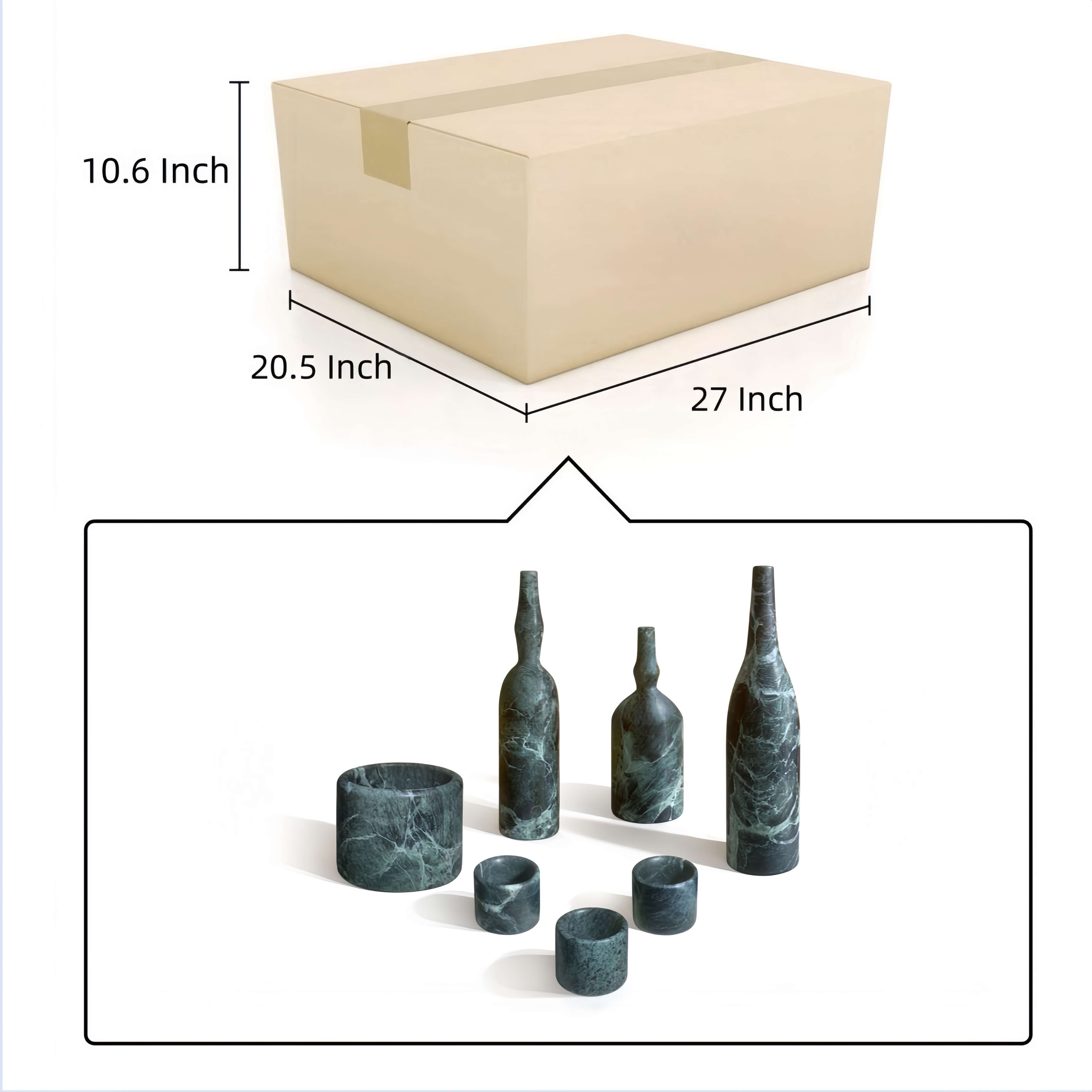 Secure packaging box dimensions for the 7-piece dark green marble decor set, ensuring safe transit and fast delivery from our US warehouse.