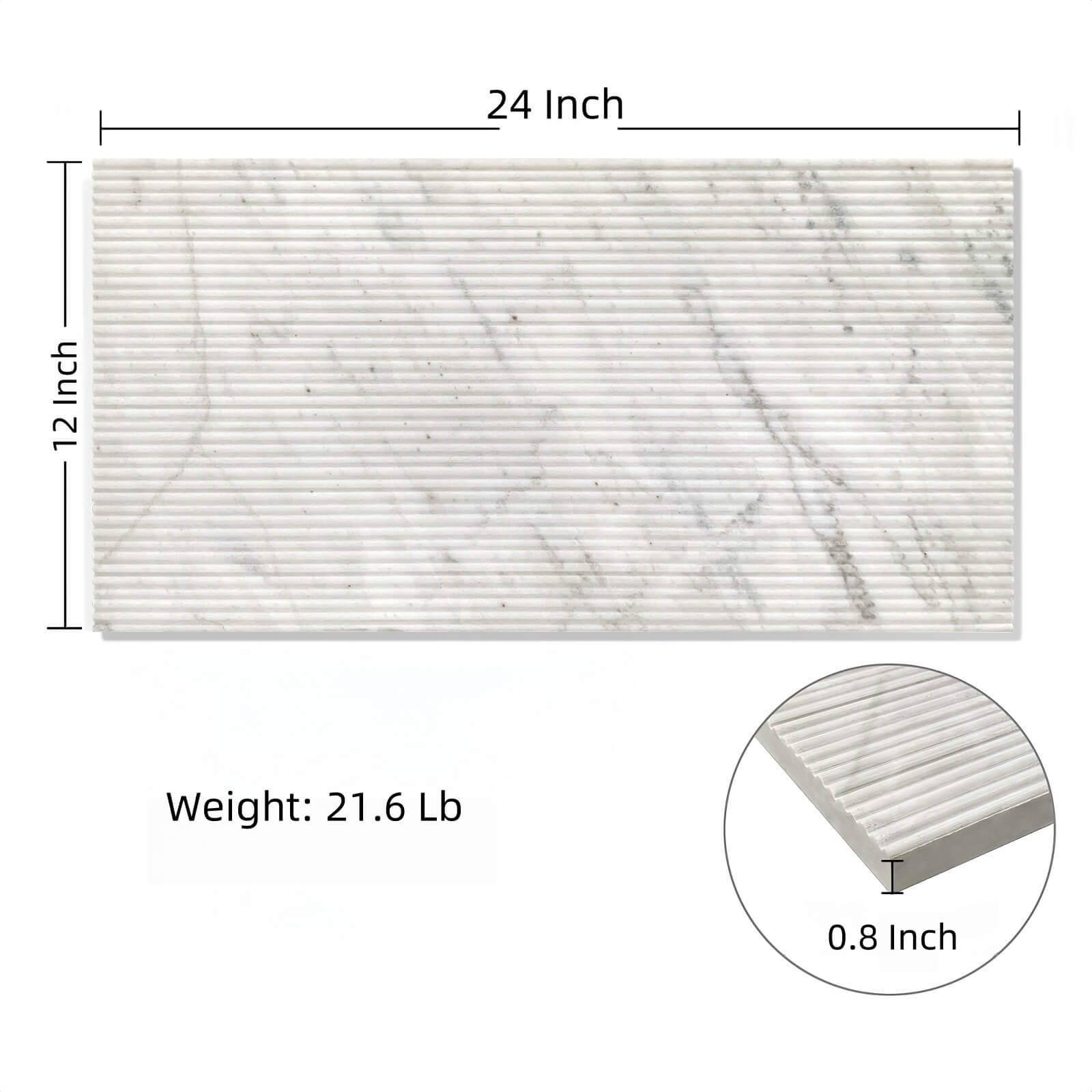 Dimensions and weight of 12x24 inch Snow Mountain White fluted marble tile, featuring a robust 0.8-inch thickness.