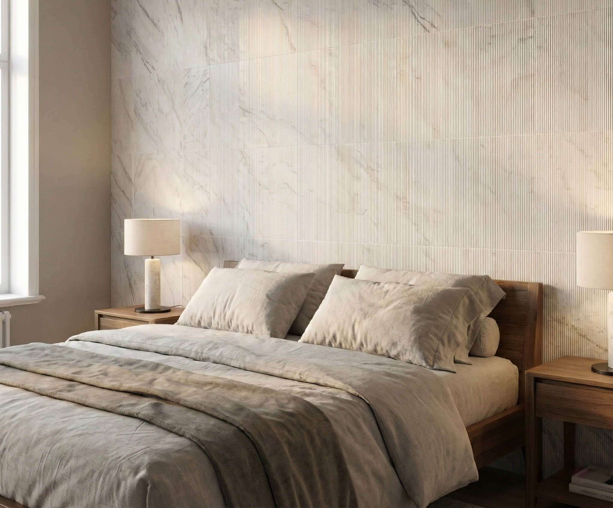 Cozy and luxurious bedroom interior with an accent wall crafted from 12x24 Snow Mountain White ribbed marble tiles.