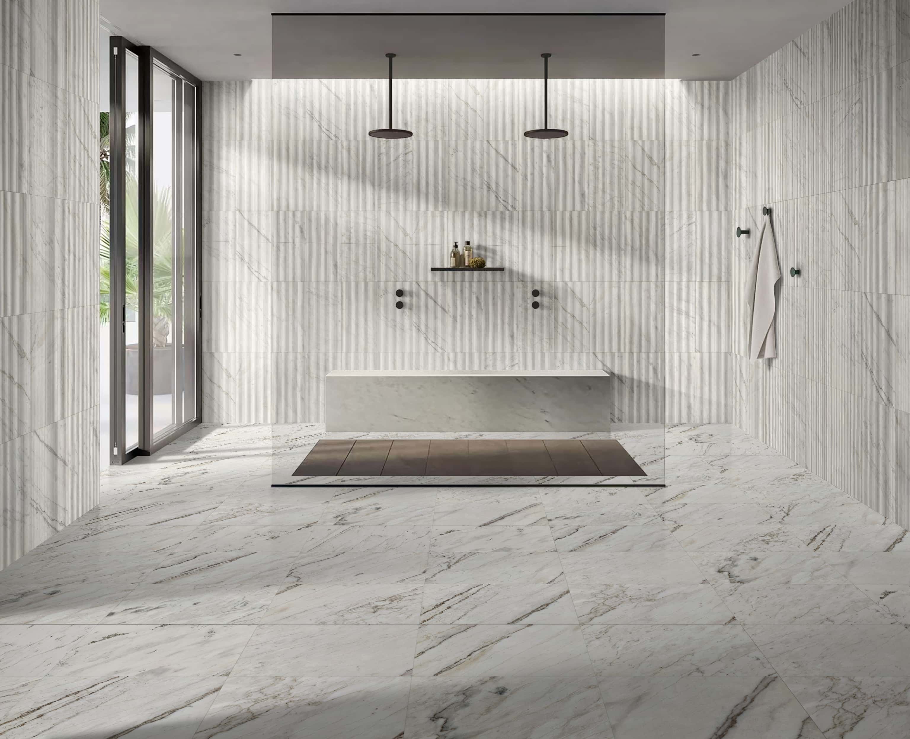 Luxurious bathroom showcasing a cohesive design with Snow Mountain White polished floor tiles and ribbed textured wall tiles.