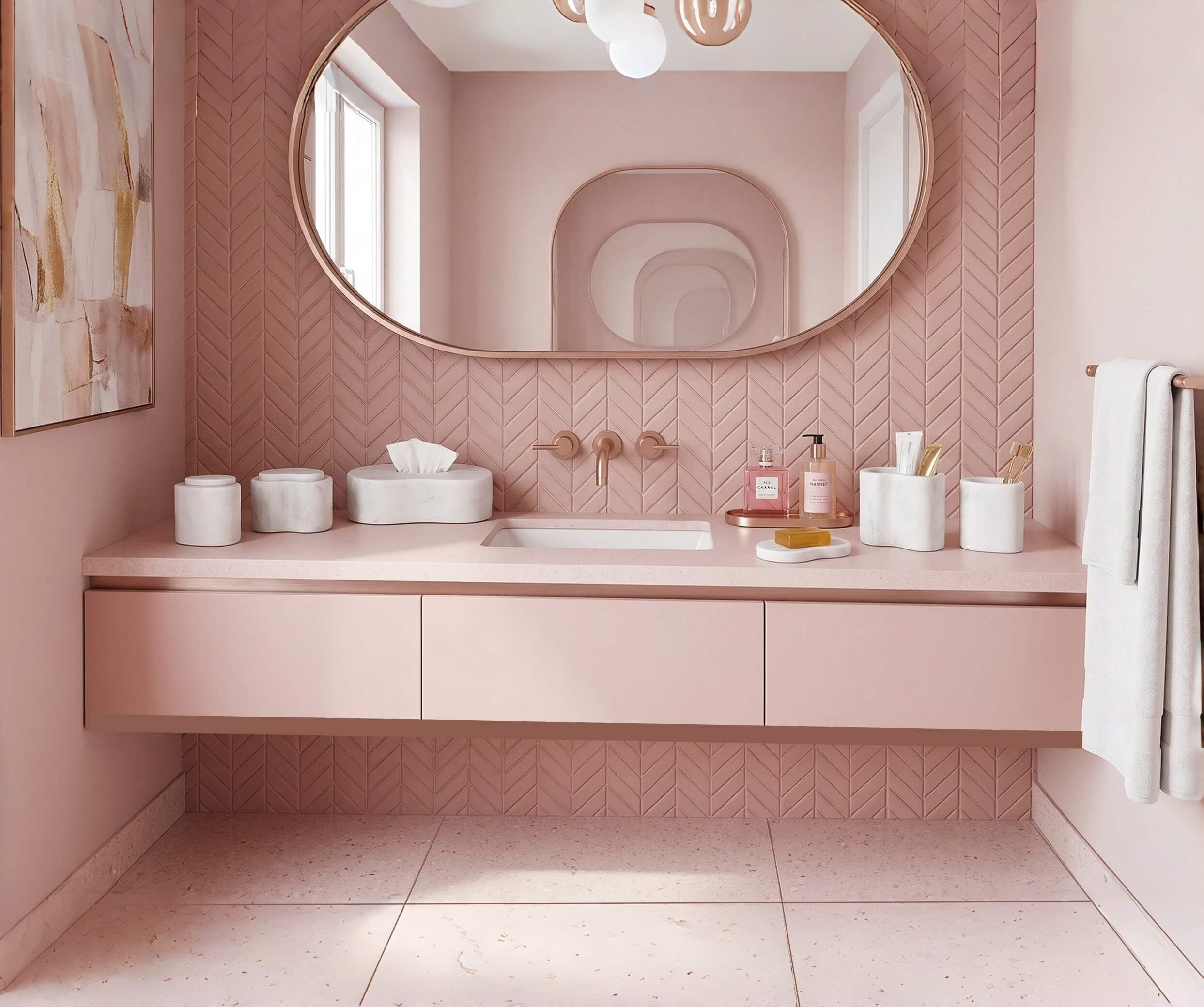 Chic blush pink bathroom decor highlighting the unique veining of the Snow Mountain White marble accessory set, creating a soft, elegant, and designer-approved space.
