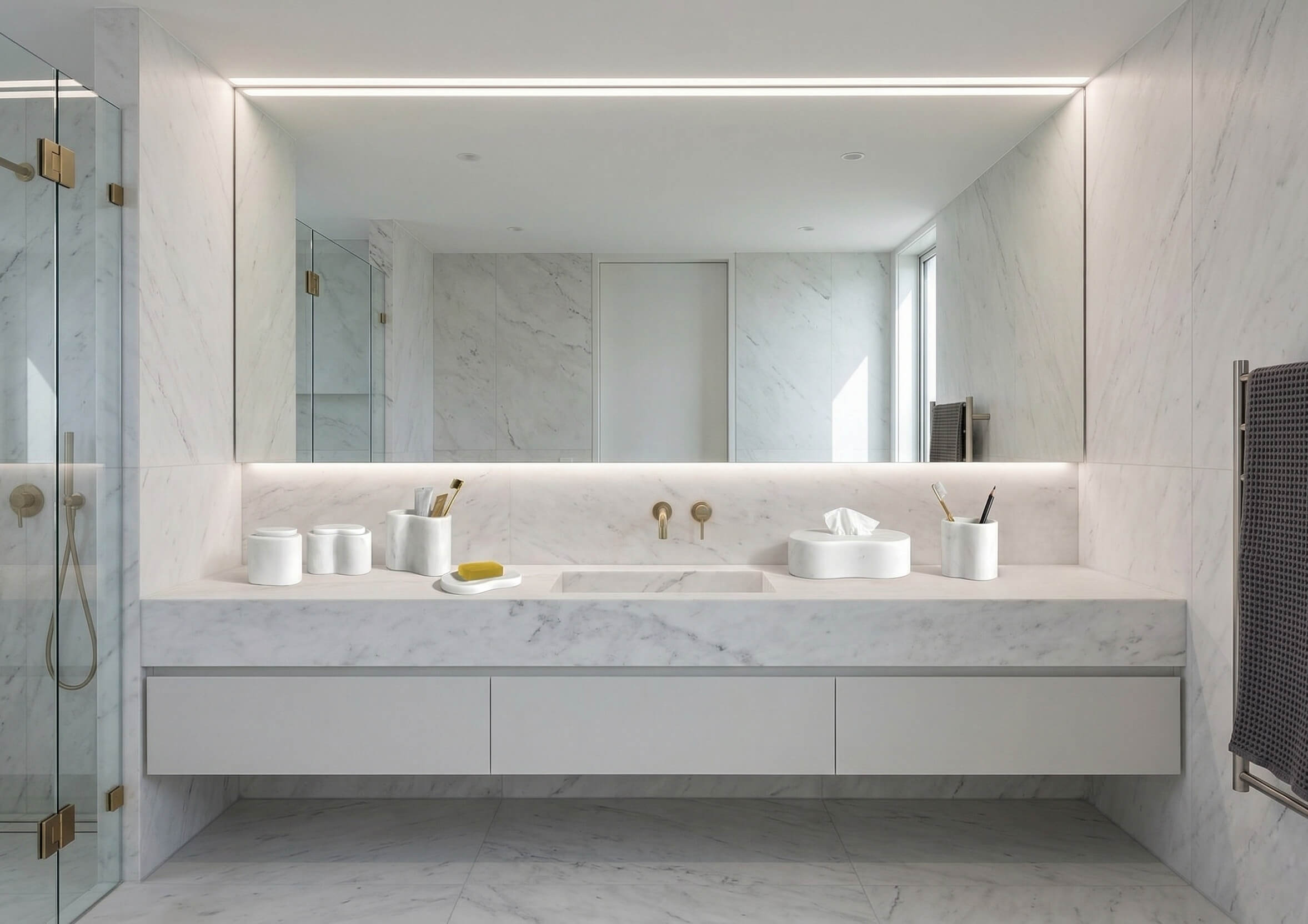 Modern minimalist bathroom scene featuring the 6-piece Snow Mountain White natural marble vanity set with a wave soap dish, showcasing its easy installation and elegant design.