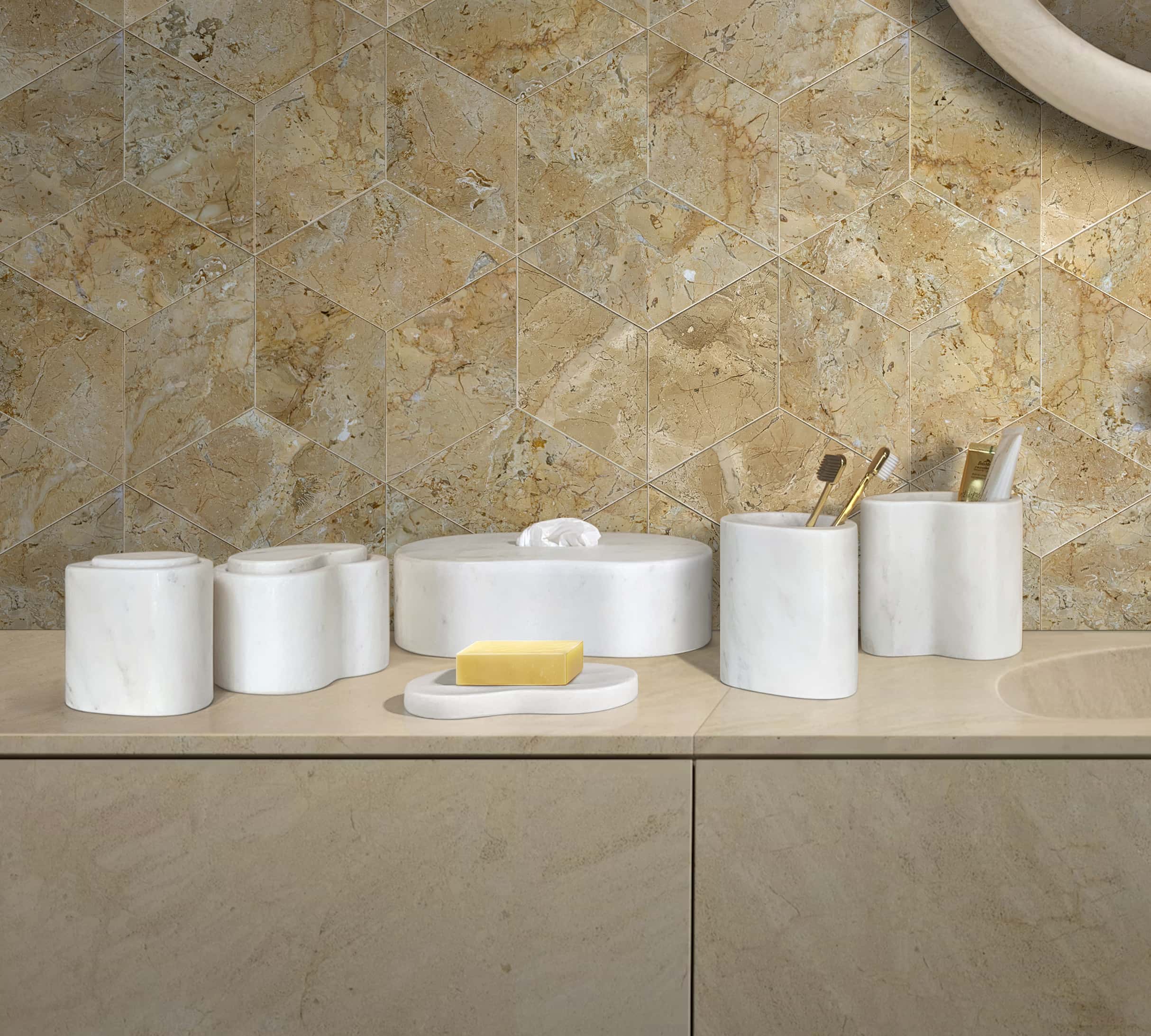Close-up view of 100% natural exclusive stone textures, beautifully contrasting the glossy Hyatt hexagonal marble tiles with the elegant matte Snow Mountain White bathroom accessories.