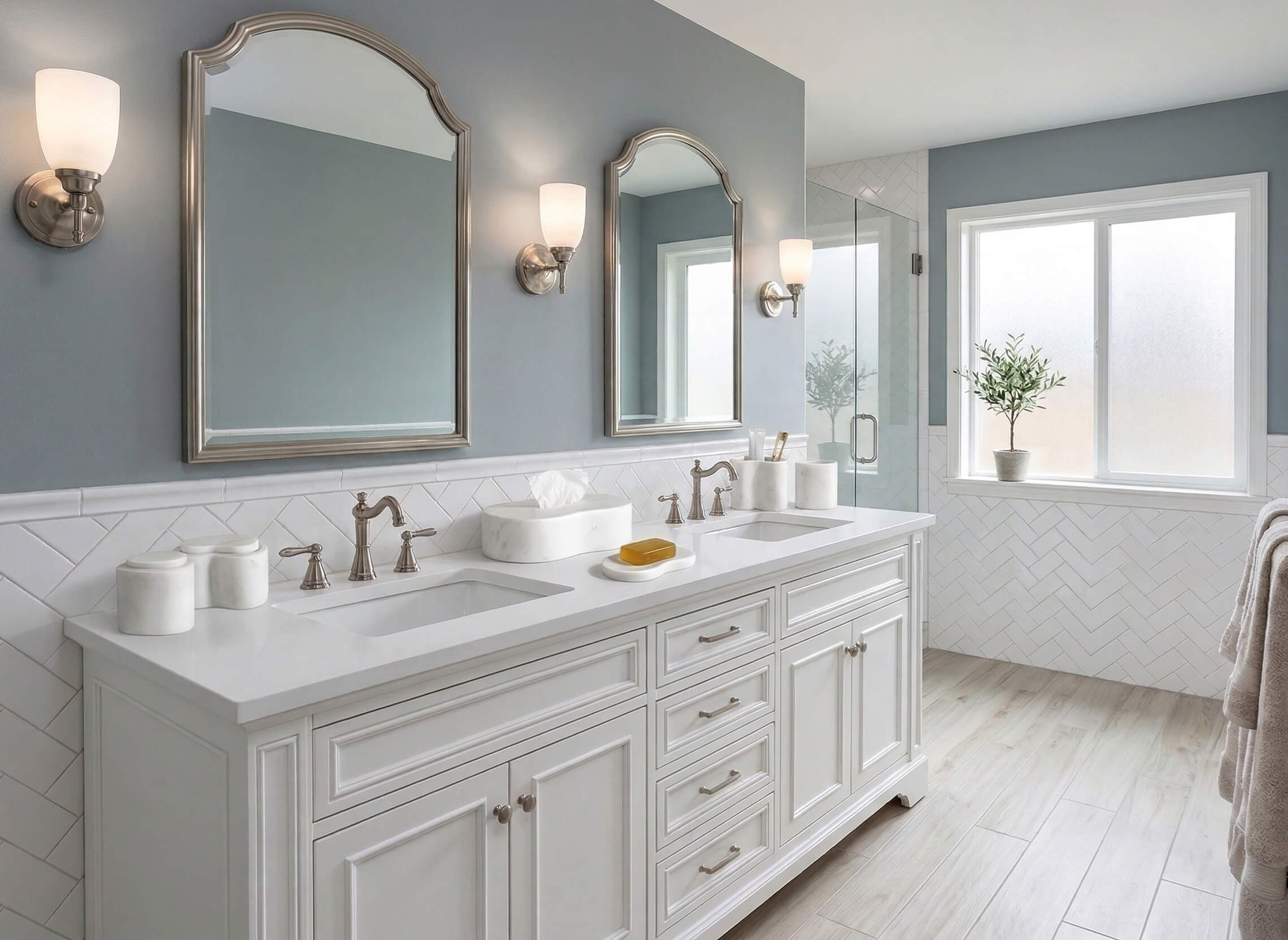Contemporary luxury bathroom decor enhanced by the genuine Snow Mountain White marble accessory set, where every piece boasts a unique, 100% natural stone pattern.