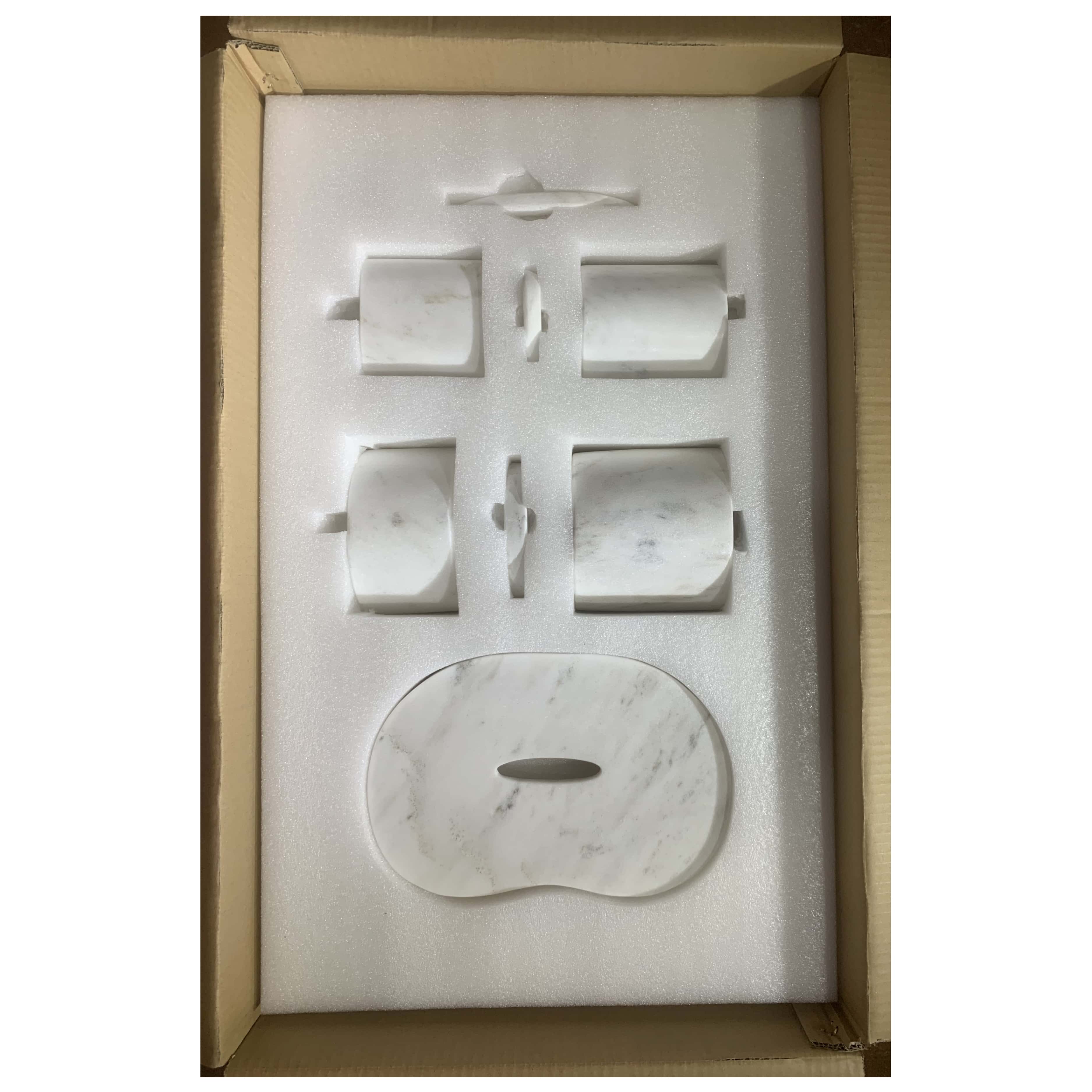 Secure damage-resistant inner foam packaging for the 6-piece natural marble bathroom set, ensuring safe arrival of your luxury stone products.