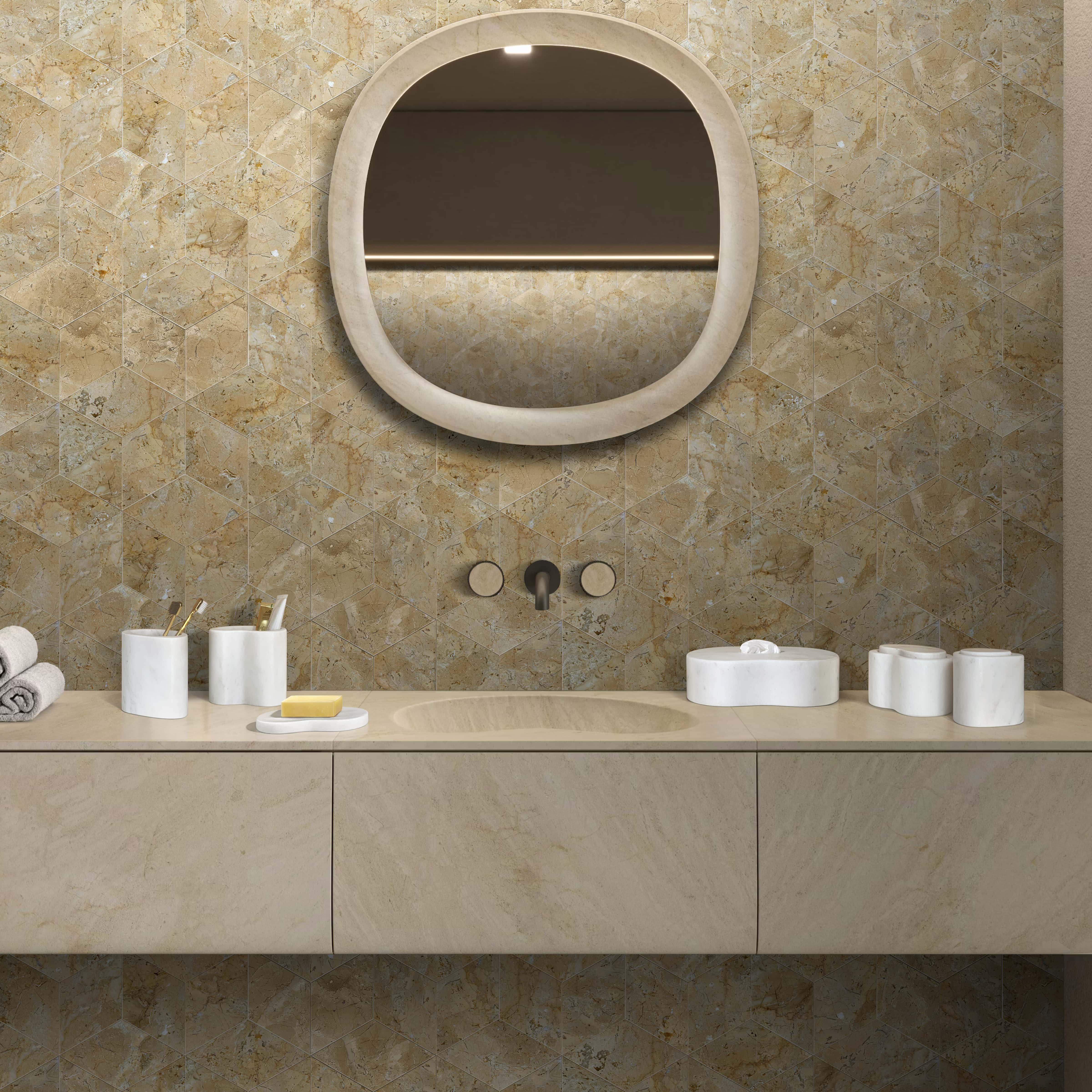 Stunning mix-and-match bathroom design featuring Hyatt polished hexagonal marble wall tiles paired perfectly with the semi-polished Snow Mountain White 6-piece vanity set.
