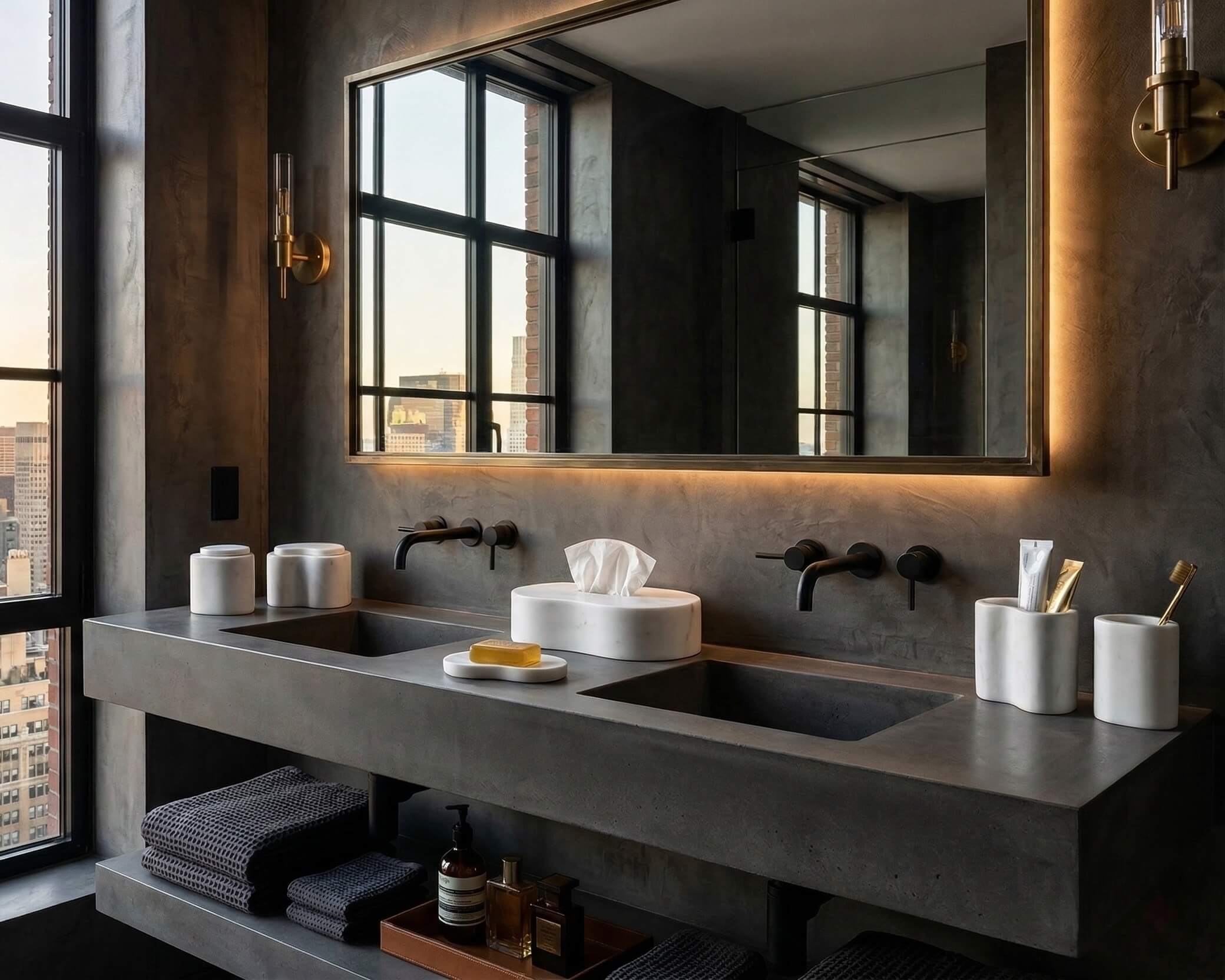 Moody dark style bathroom interior design featuring the contrasting Snow Mountain White natural marble 6-piece vanity set, perfect for bold designer aesthetics.