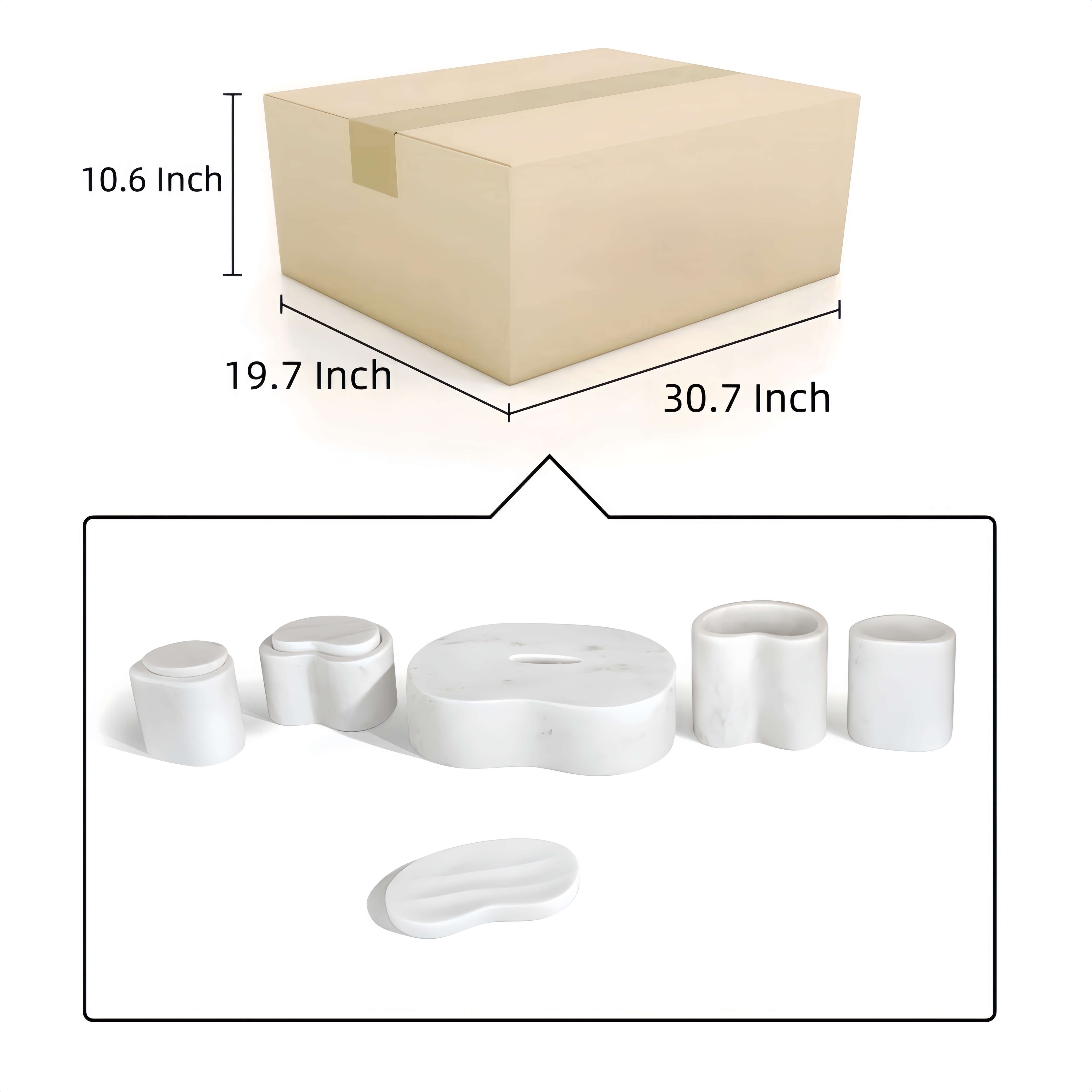 Sturdy outer shipping carton for the Snow Mountain White marble bathroom set, ensuring safe and secure delivery from our US warehouse.