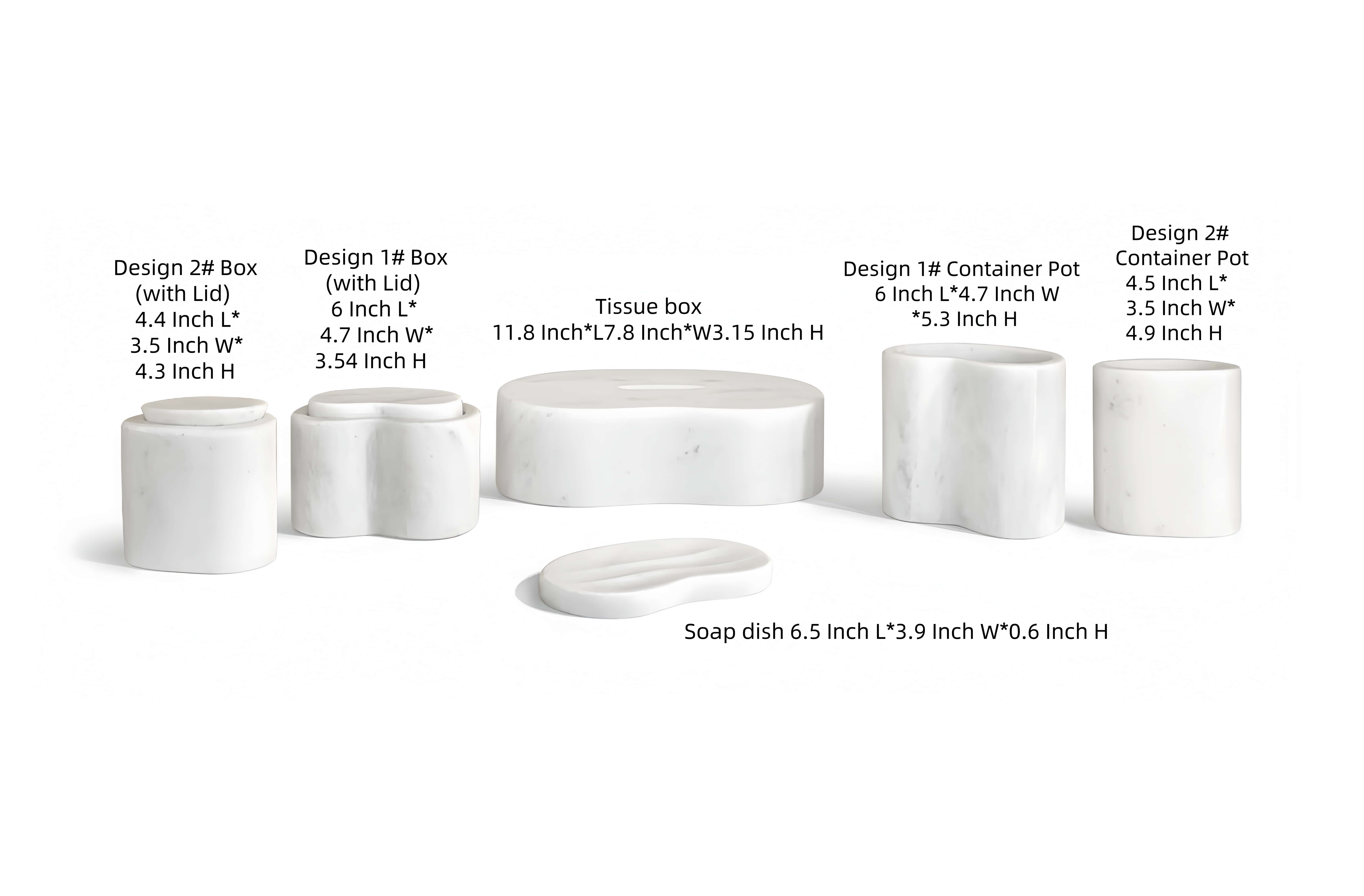 Detailed dimension chart for the 6-piece Snow Mountain White natural marble bathroom accessories set, showing precise measurements for easy setup.
