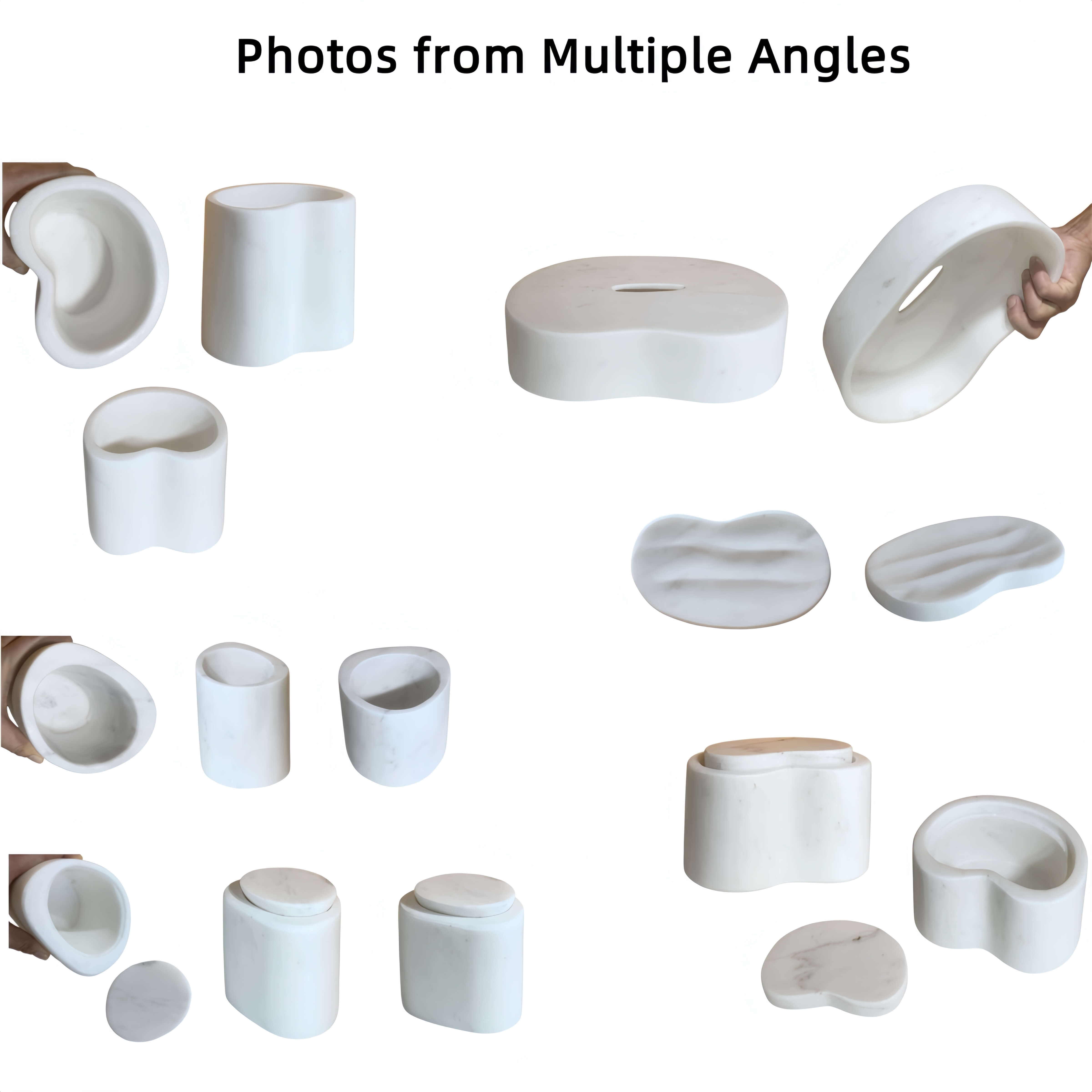 Multiple angle views of the semi-polished Snow Mountain White marble bathroom set, revealing the unique, one-of-a-kind texture of each piece.
