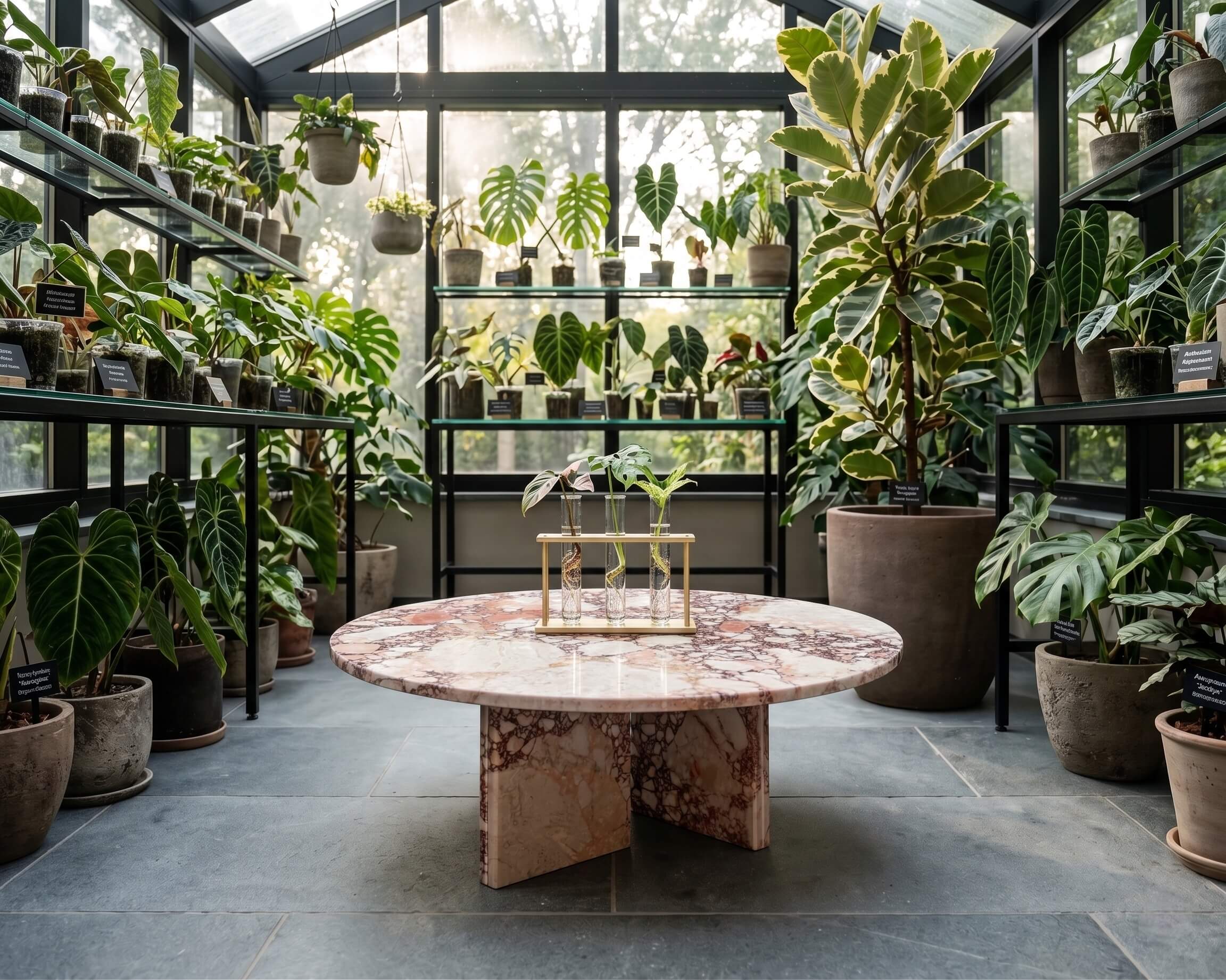 Diamond Pink marble round coffee table centered symmetrically in a glass-roof greenhouse interior — black steel shelving units displaying labeled tropical plants including monstera, variegated rubber tree, philodendron and hanging pothos, brass test-tube propagation rack with three glass tubes and rooted cuttings on polished marble tabletop, gray large-format floor tile, diffused natural light through steel-frame glass ceiling.