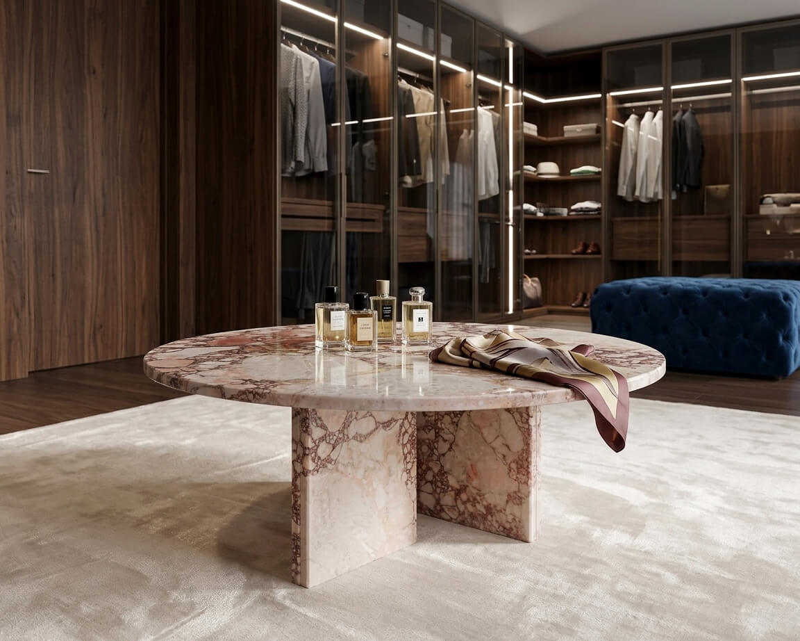 Wide-angle view of Diamond Pink marble coffee table centered in a luxury walk-in closet — floor-to-ceiling dark walnut glass-door wardrobes with LED strip lighting, ivory shaggy area rug, four perfume bottles and silk scarf arranged on polished marble surface, navy tufted ottoman in background.