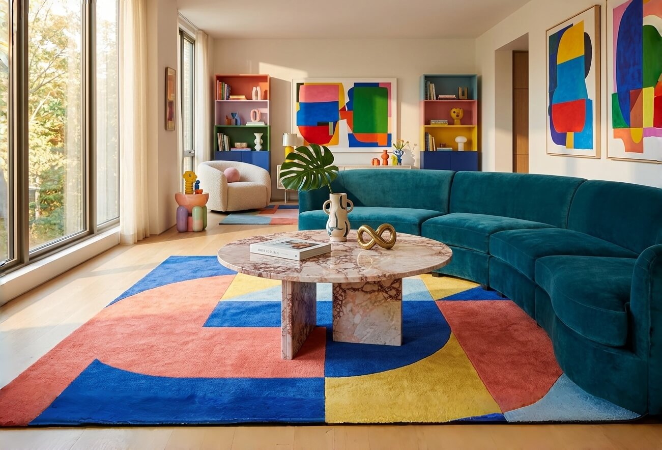 Diamond Pink marble coffee table anchoring a Memphis-inspired pop art living room — curved teal velvet sectional sofa, large-scale geometric color-block area rug in blue red and yellow, bold abstract paintings on cream walls, colorful open shelving units, gold infinity sculpture and ceramic handled vase with monstera leaf on marble surface, floor-to-ceiling windows with autumn tree view.
