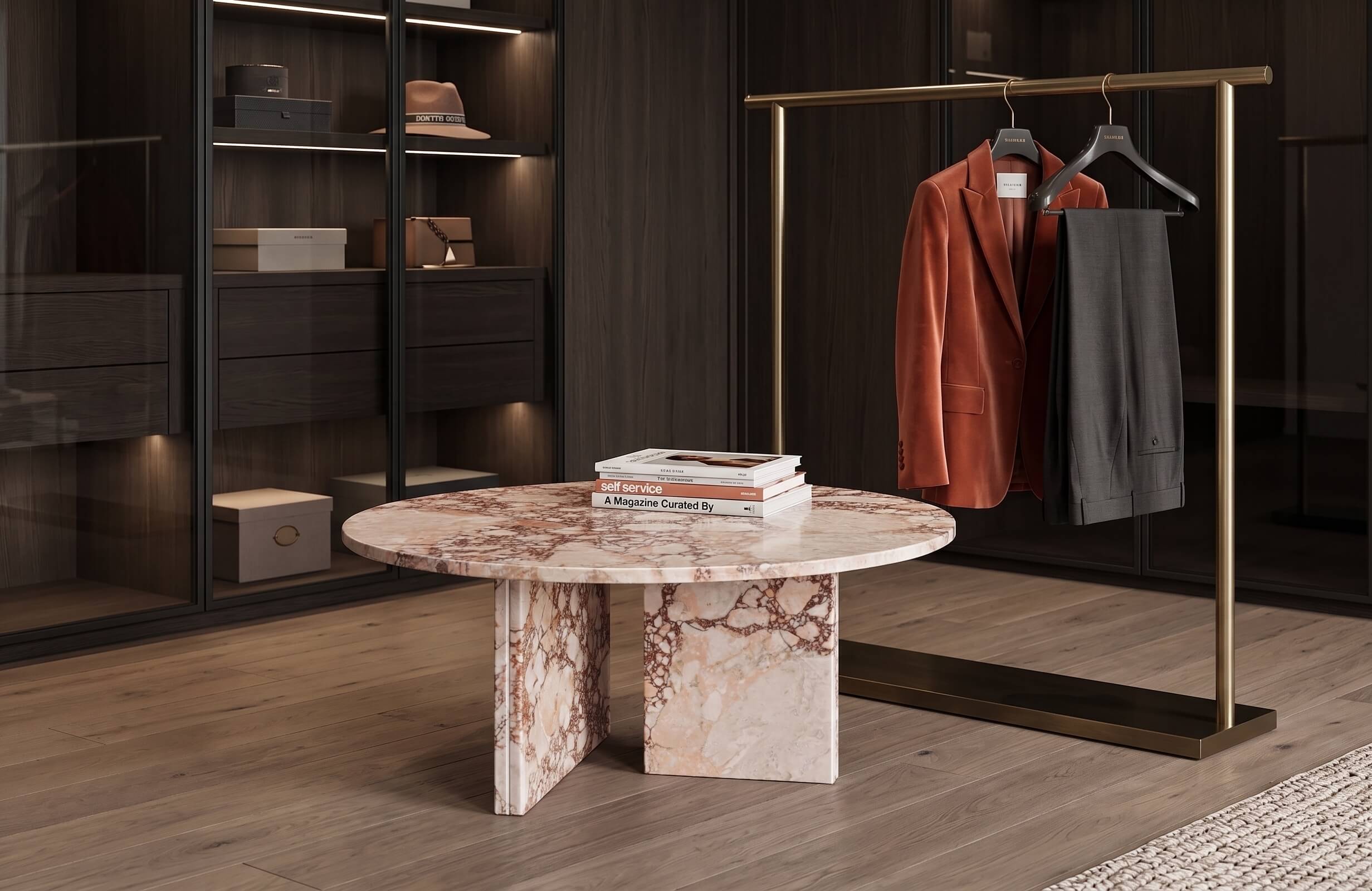 Diamond Pink marble coffee table in a menswear boutique-style dressing room — dark walnut glass-door display cabinet with branded hatboxes and leather accessories, freestanding brass clothing rail with tailored orange blazer and charcoal trousers, fashion books stacked on marble tabletop, warm amber lighting.