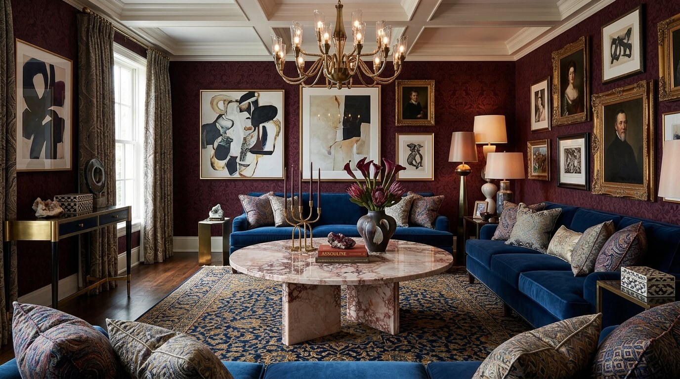 Diamond Pink marble round coffee table as centerpiece in a Victorian eclectic formal sitting room — burgundy damask wallpaper, coffered white ceiling with multi-arm brass chandelier, navy velvet sofas with paisley pillows, Persian-style navy and gold area rug, brass candelabra, dark ceramic vase with calla lilies and tropical foliage, Assouline book and amethyst crystal on marble surface.