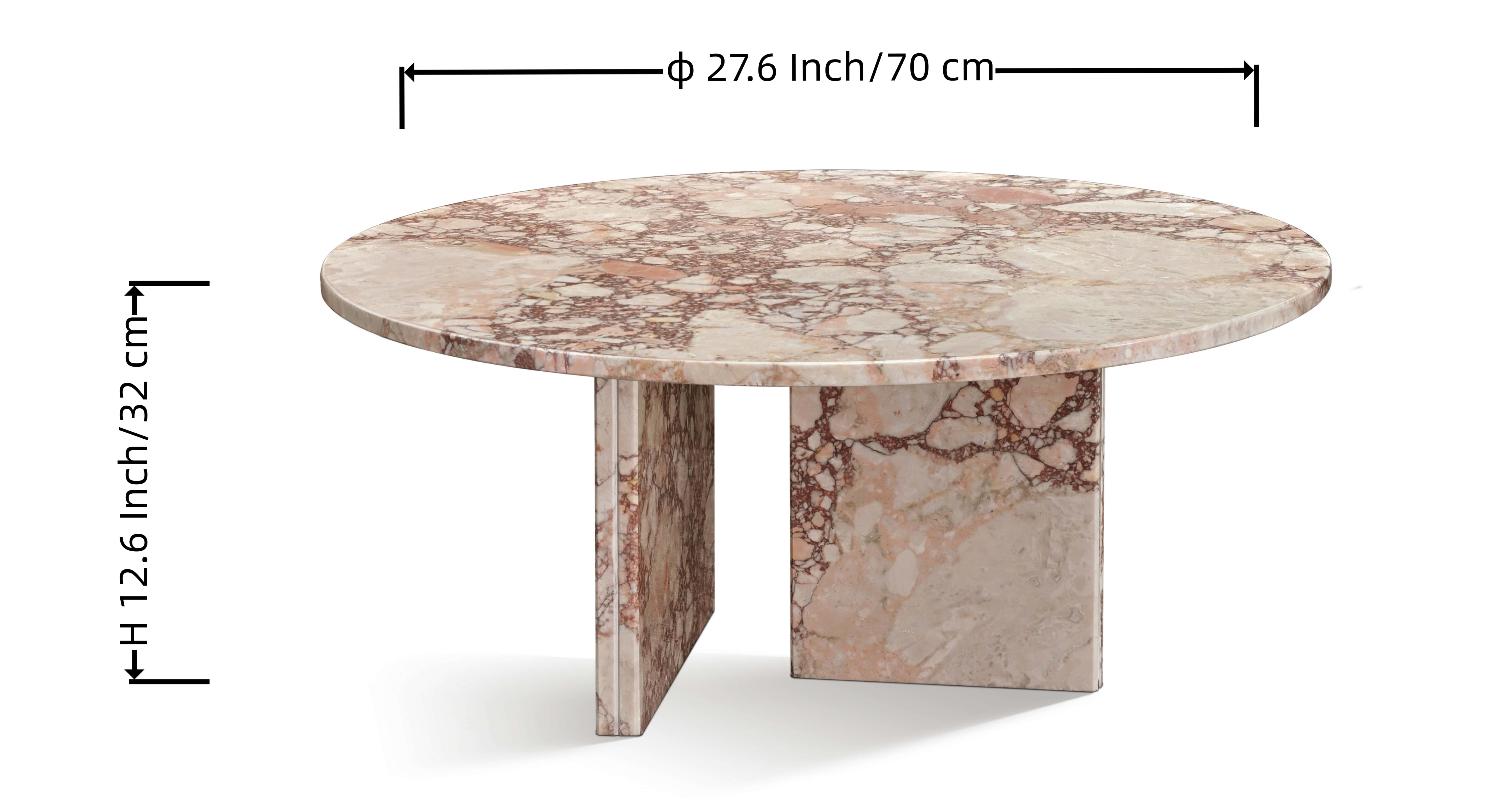 Technical dimension chart of the pink marble coffee table showing a 27.6-inch (70cm) diameter and 12.6-inch (32cm) height for space planning.