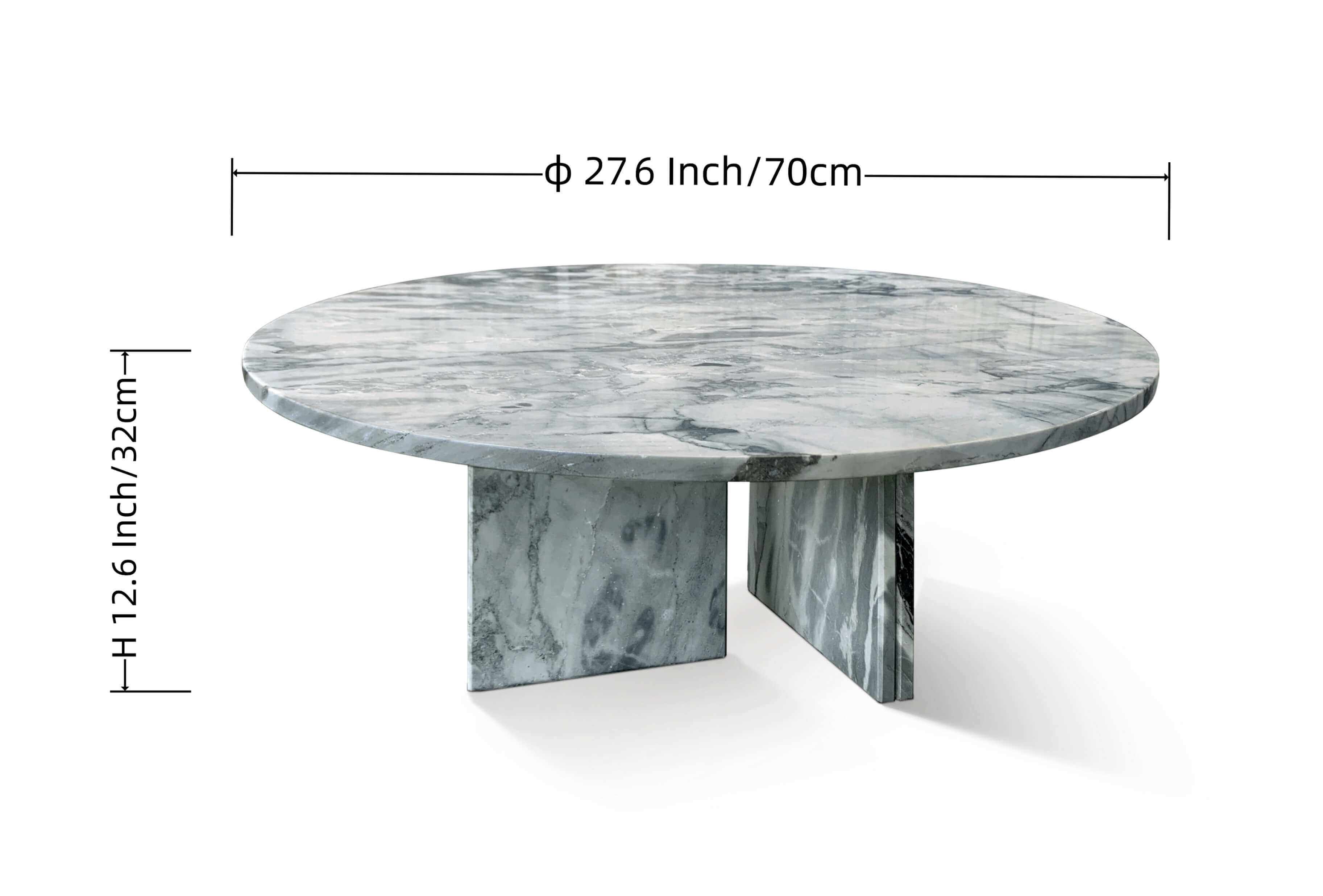 Cloudy blue marble round coffee table dimensions: Ø27.6 inch / 70cm diameter, 12.6 inch / 32cm height, double-panel marble base.