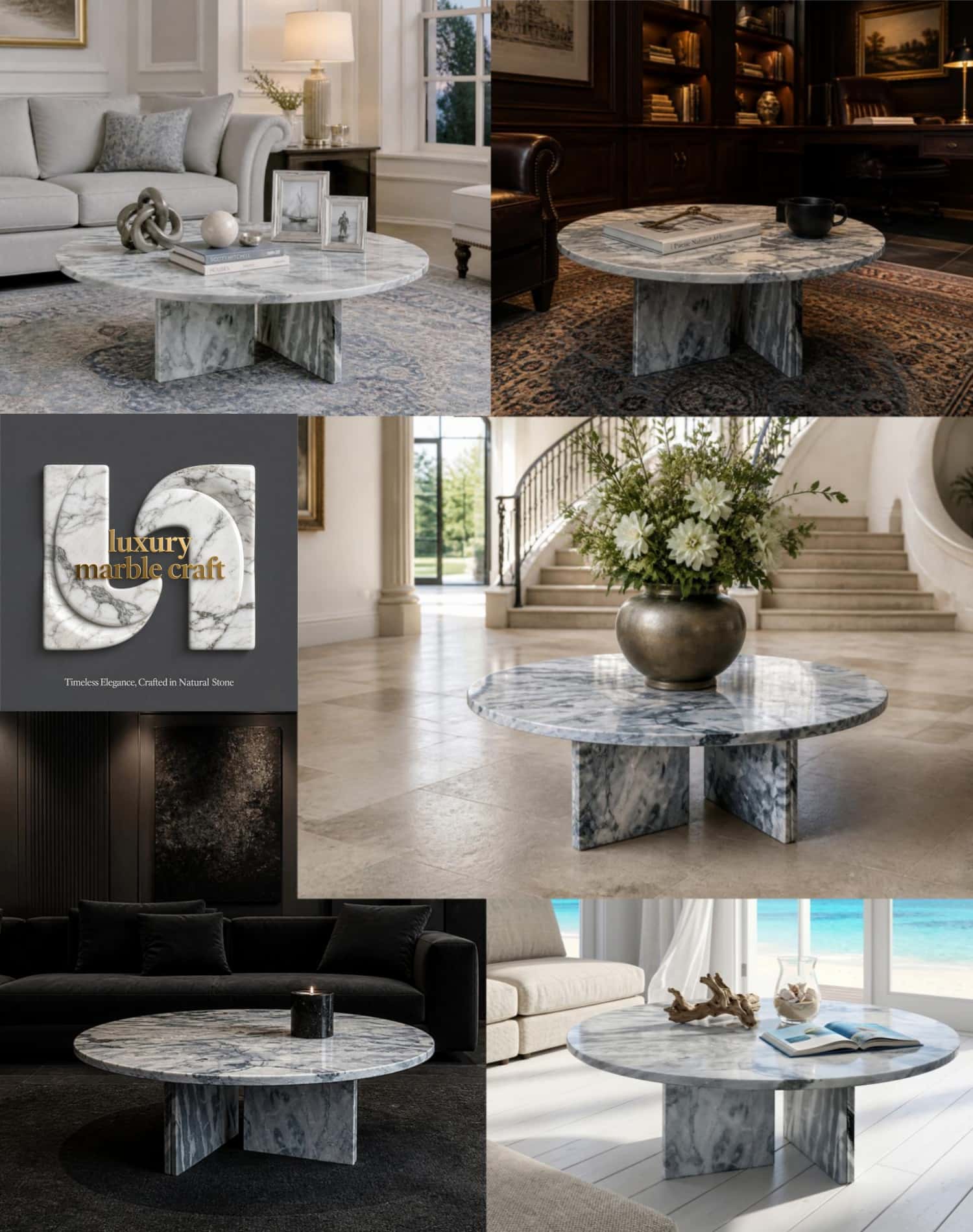 Cloudy blue marble coffee table styled across five interior settings — traditional, library, foyer, dark mood, and coastal aesthetics.