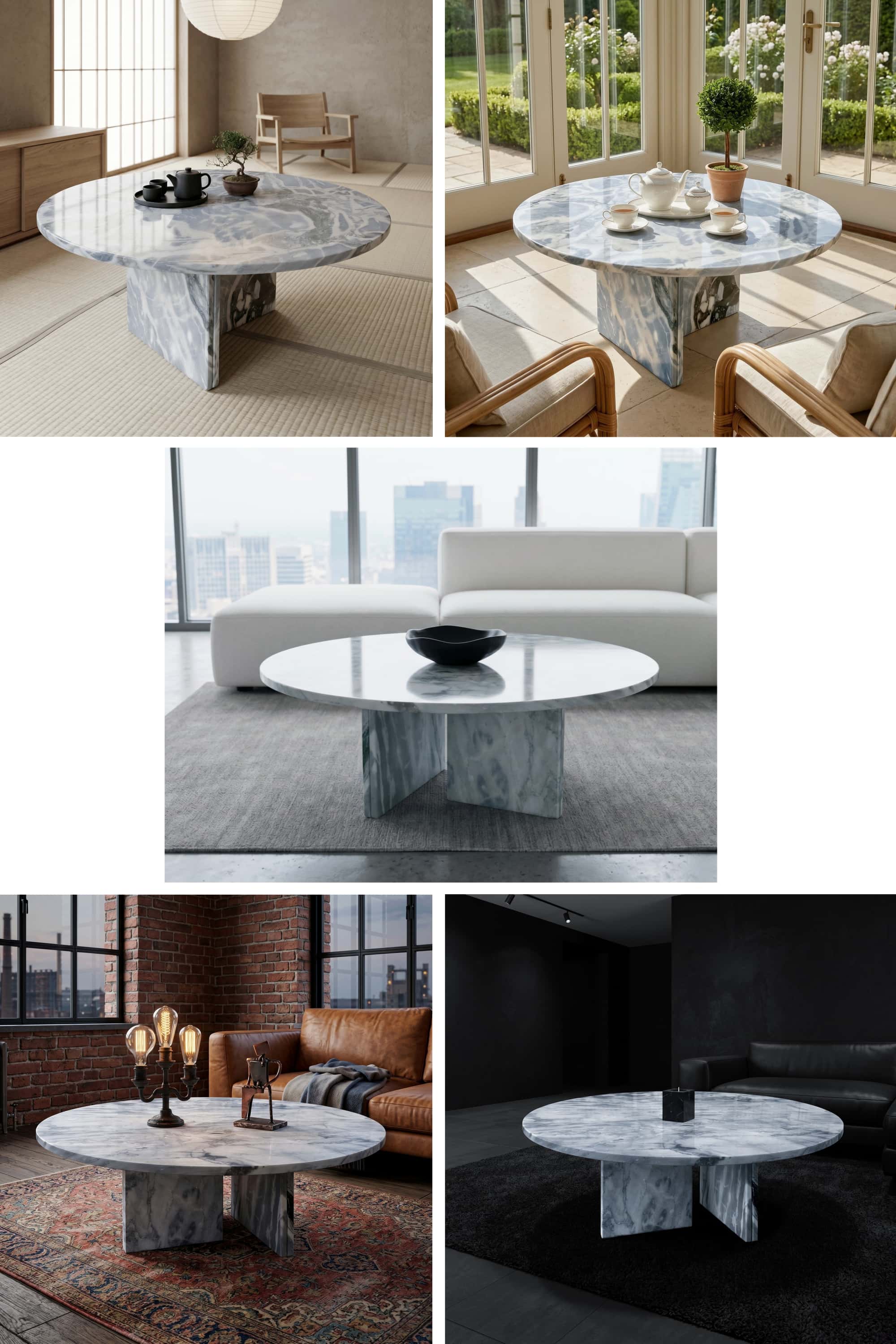 Cloudy blue marble coffee table shown in Japandi, garden conservatory, urban loft, industrial brick, and gallery interiors.