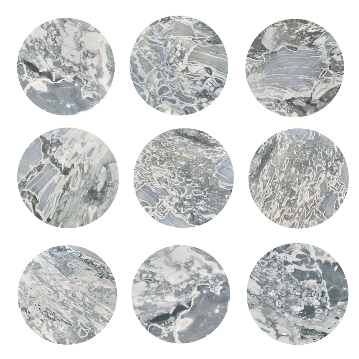 Nine cloudy blue marble coffee table tops showing natural veining variations, each piece uniquely patterned with no two identical.