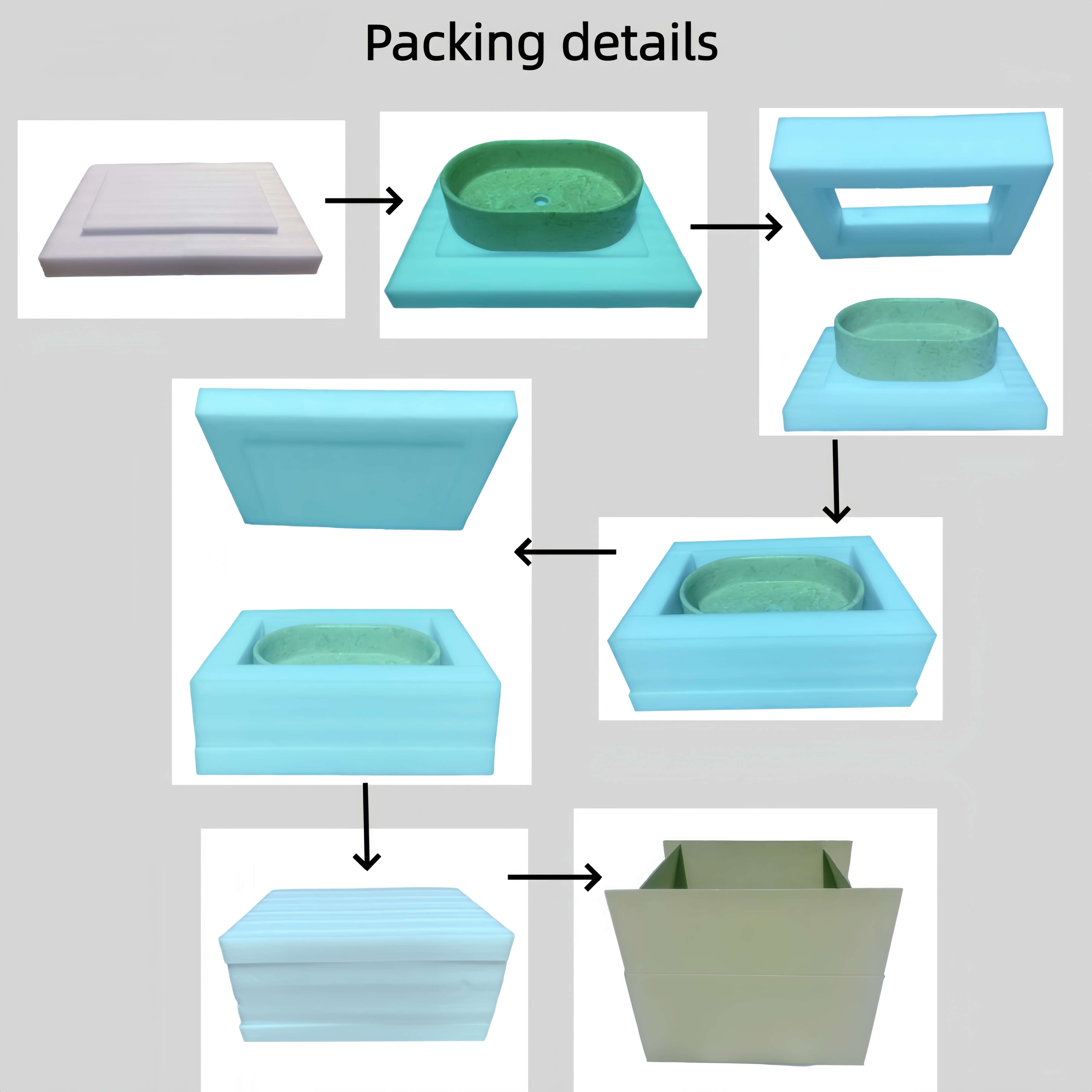 Six-step marble vessel sink packaging: EPE foam base, surrounding frame, top lid seal, and reinforced outer carton for transit protection.
