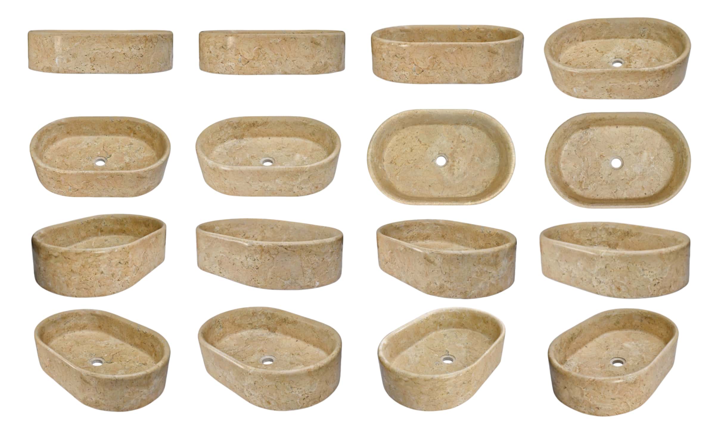 Hyatt Gold natural marble oval vessel sinks, 16-angle collage showing unique veining variation across multiple individual units, polished finish.