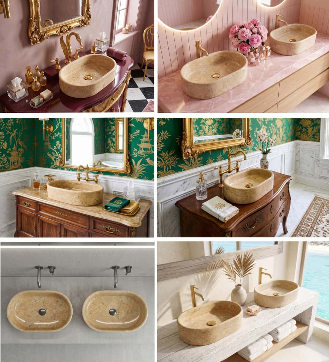 Six-scene collage of Hyatt Gold marble vessel sink styled across glam, pink, chinoiserie, traditional, minimalist, and coastal bathroom interiors.