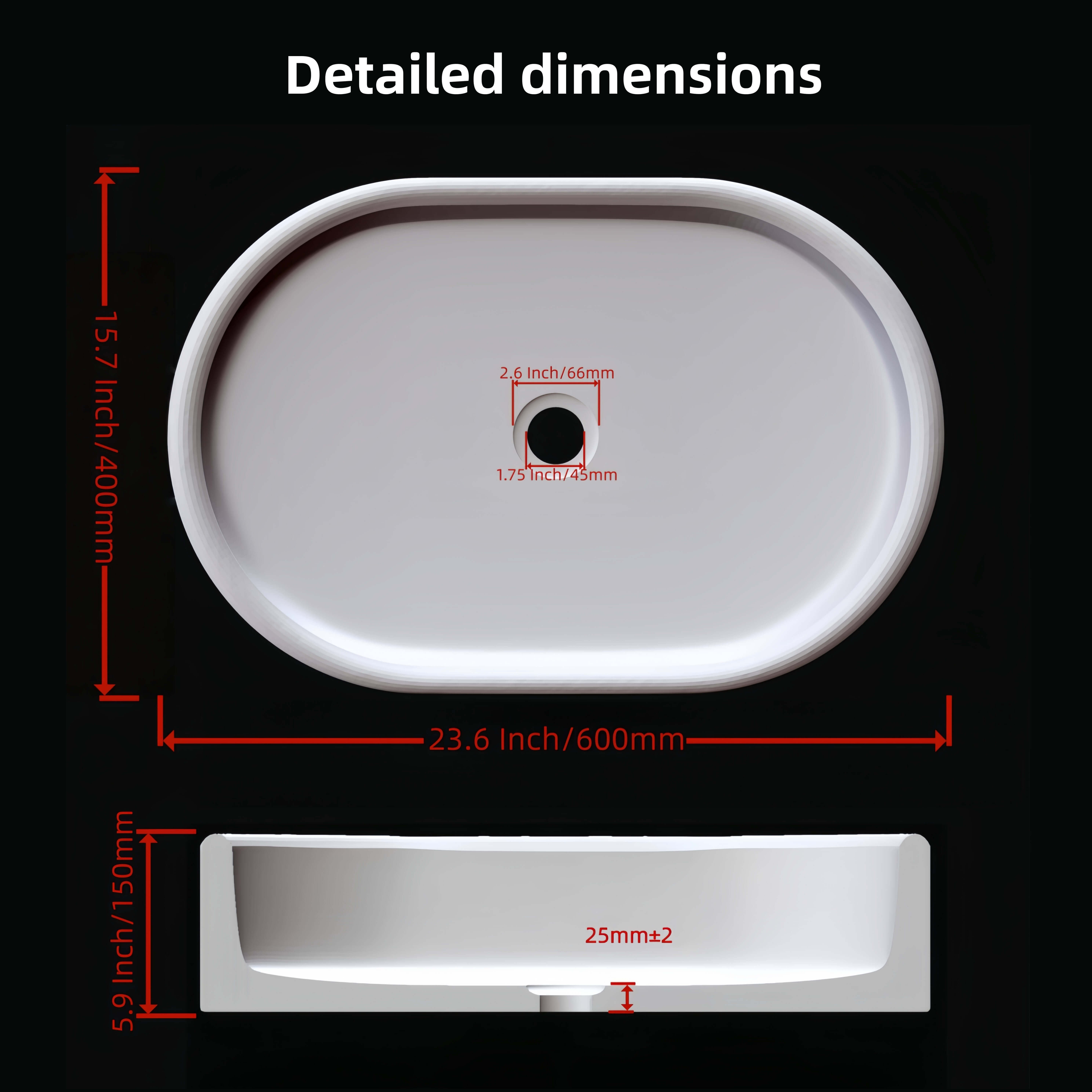 Dimension diagram of Snow Mountain White marble oval vessel sink: 600x400mm exterior, 550x350mm basin, 150mm height, 115mm depth, 45mm drain, 25mm walls.