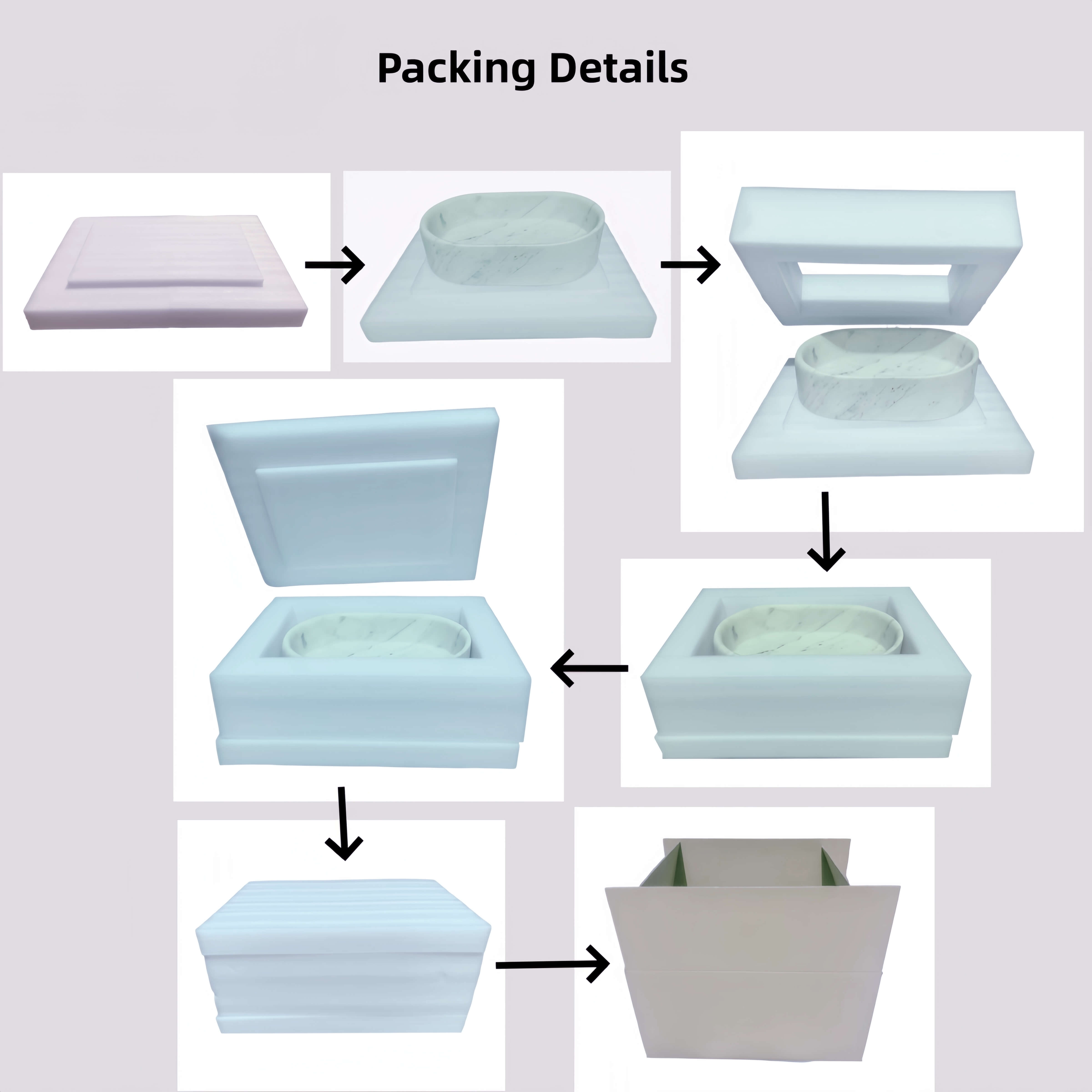 Protective packaging process for Snow Mountain White marble vessel sink, showing multi-layer foam base, frame, and top cushioning before boxing for safe shipping.